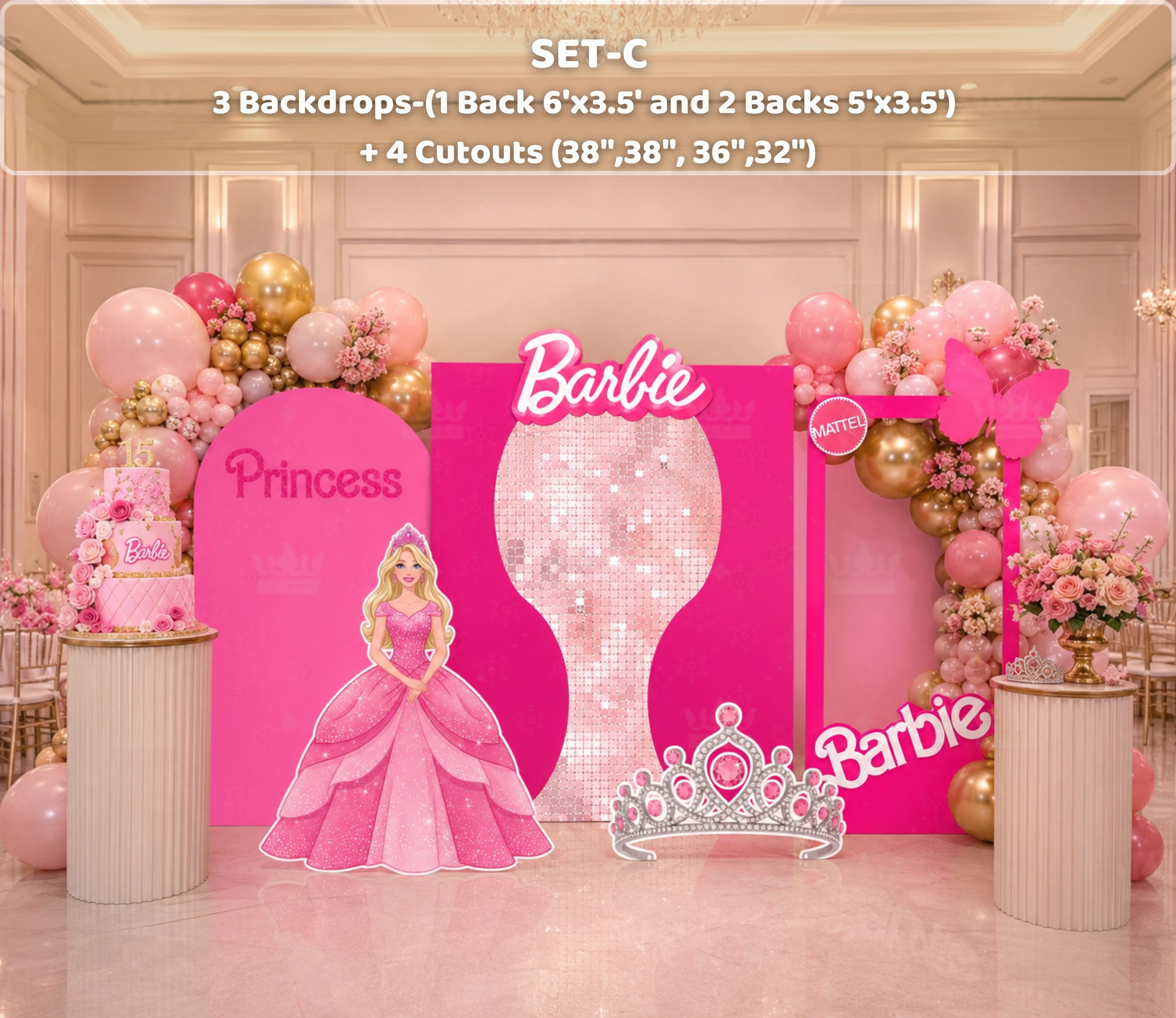 Personalized pink fashion doll party backdrop with black accent panel, balloon garland and stylish girls birthday decor.