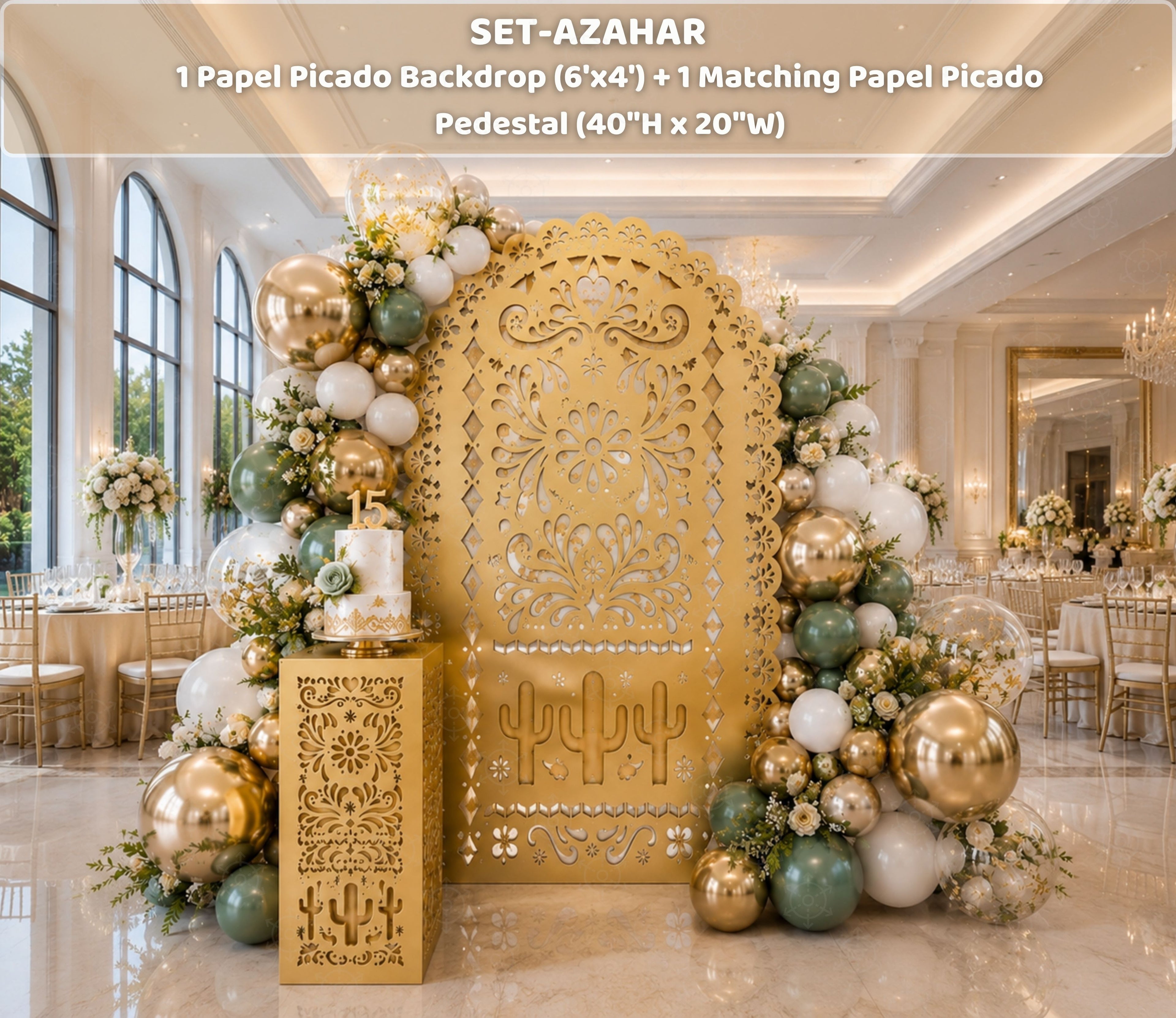 Mustard yellow Papel Picado backdrop with matching pedestals and elegant floral party decor