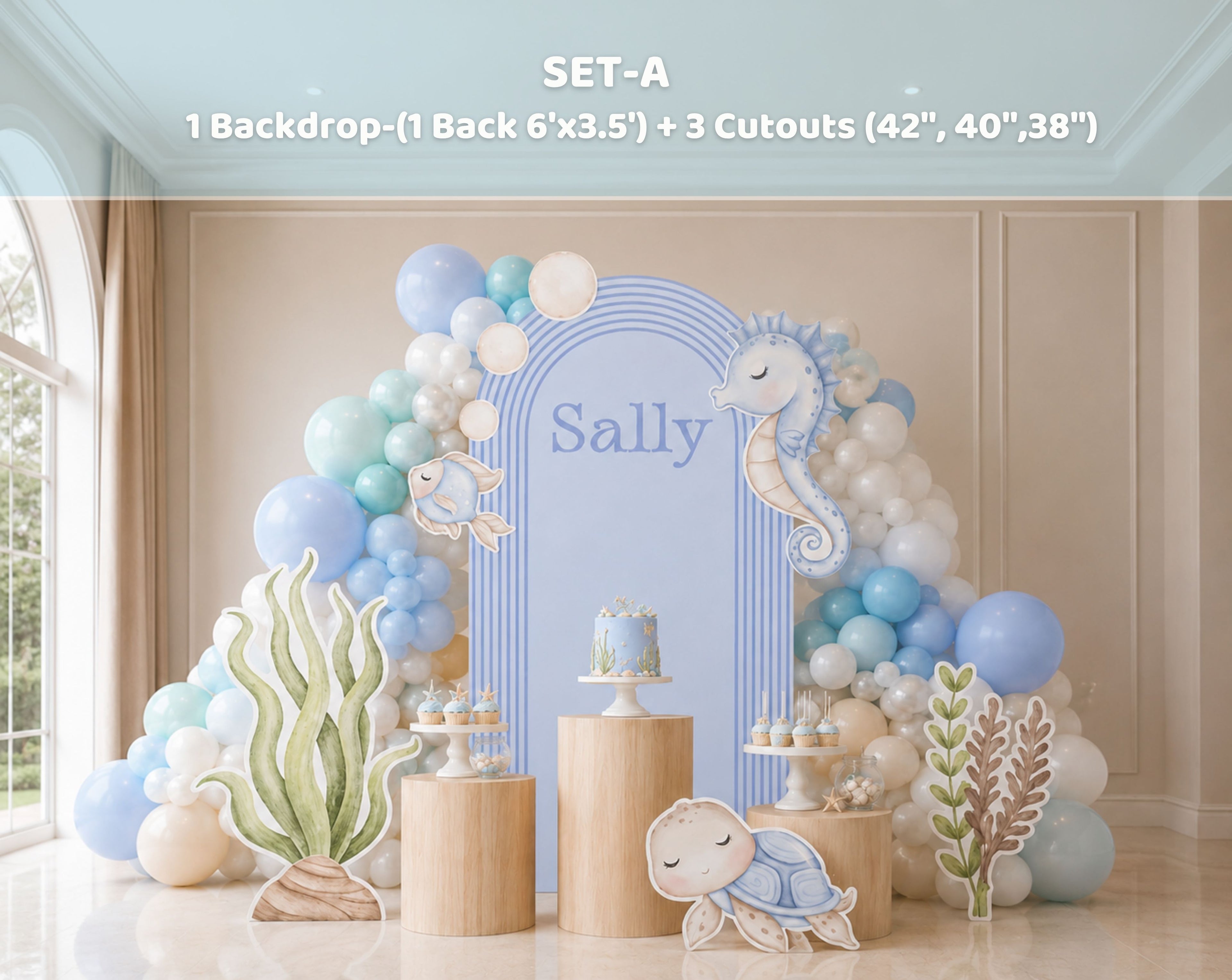 Personalized under the sea birthday backdrop with soft blue arch panels, ocean animals, pastel balloons and elegant kids party decor.