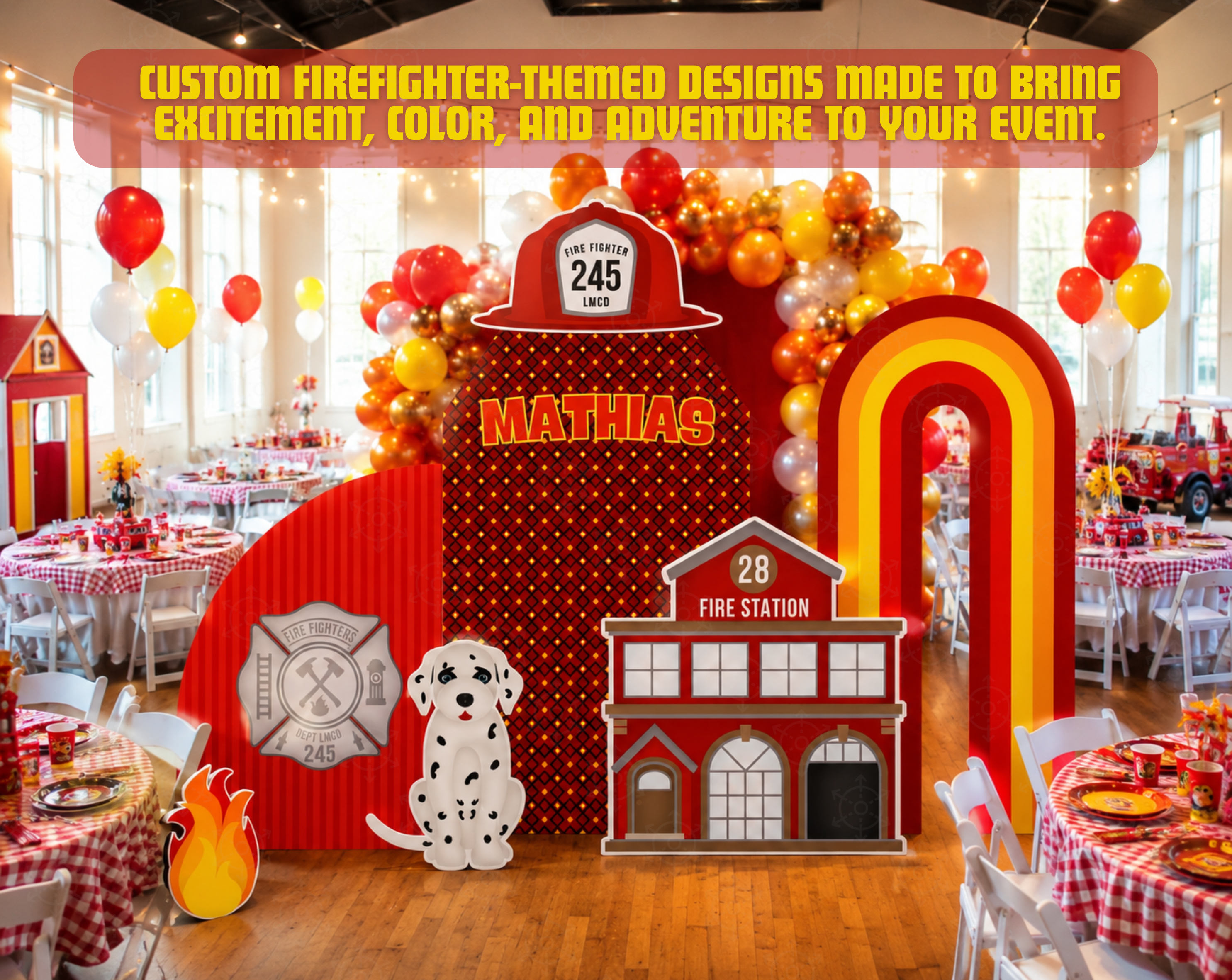 Firefighter Birthday Backdrop & Cutouts | Personalized Fire Truck Party Decorations