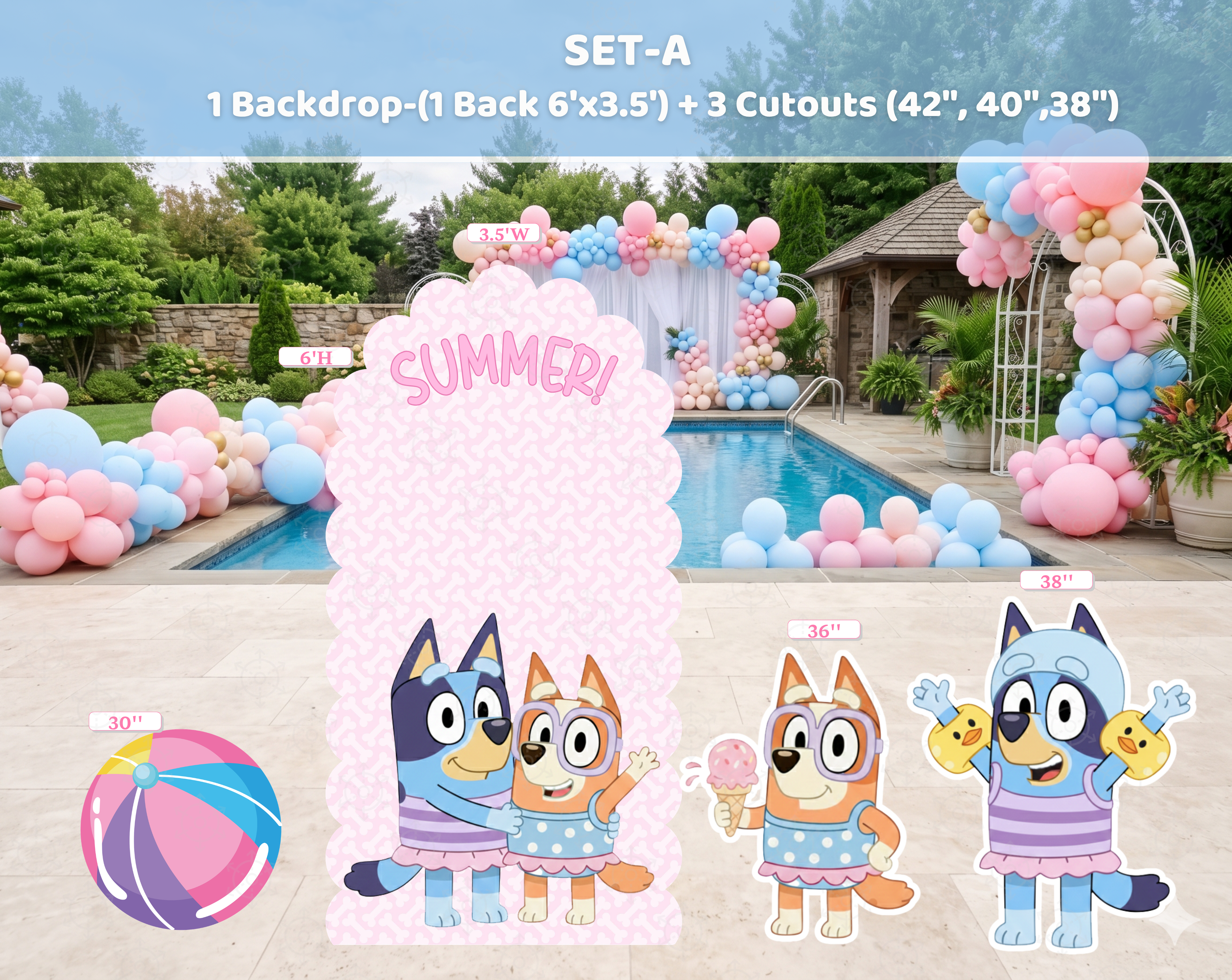 Blue Puppy Pool Party Backdrop & Cutouts | Summer Kids Birthday Decorations