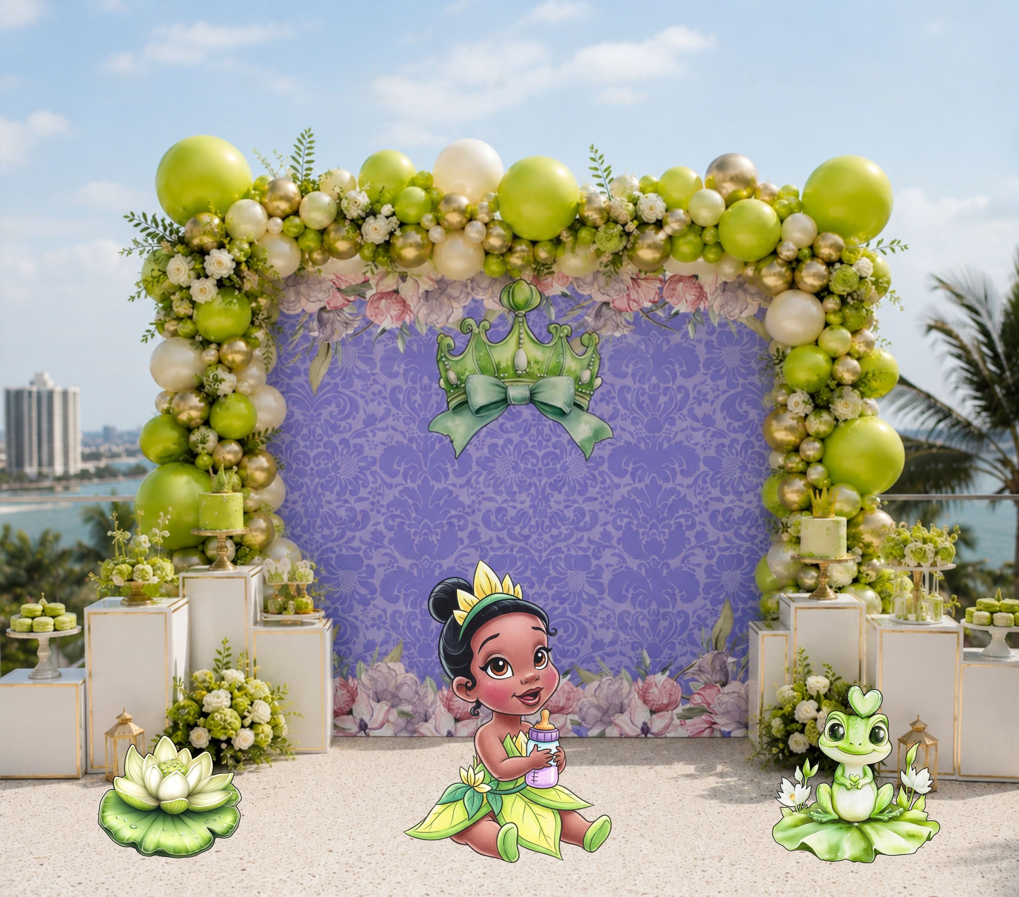 Purple frog princess birthday backdrop with green floral decor for a fairytale celebration