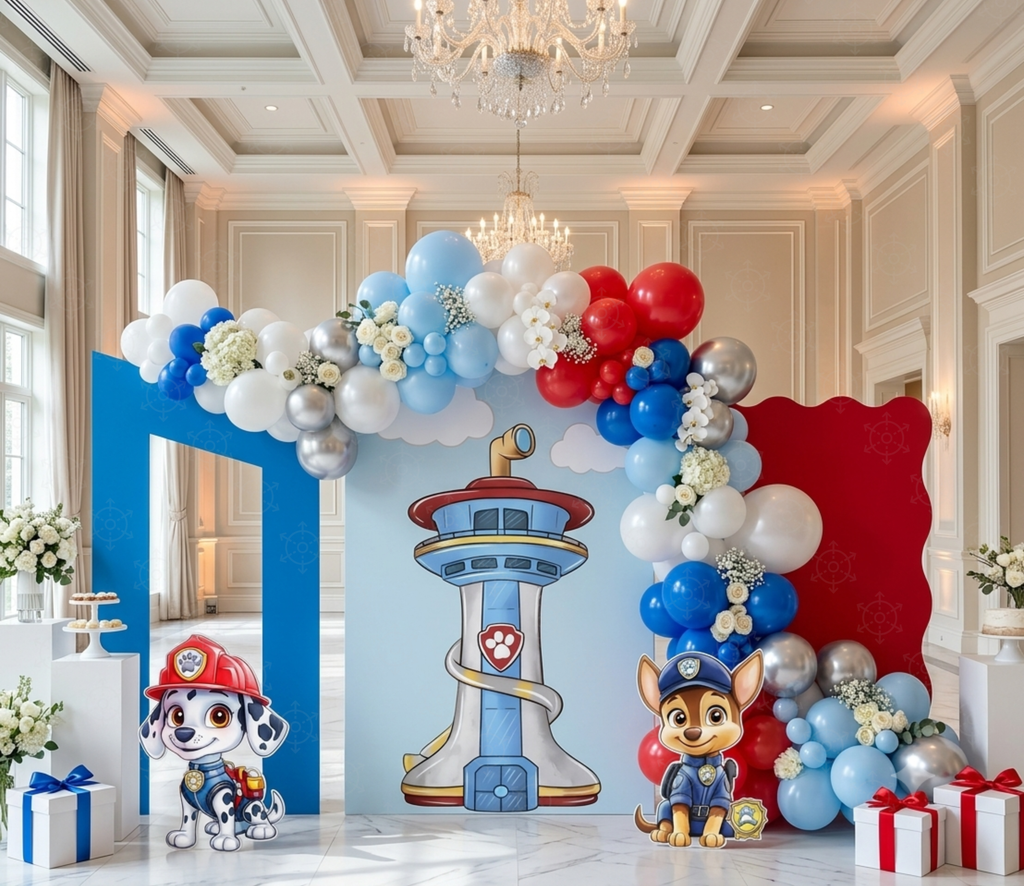 Pup Patrol Little Paws Birthday Backdrop & Cutouts | Personalized Puppy Party Decorations