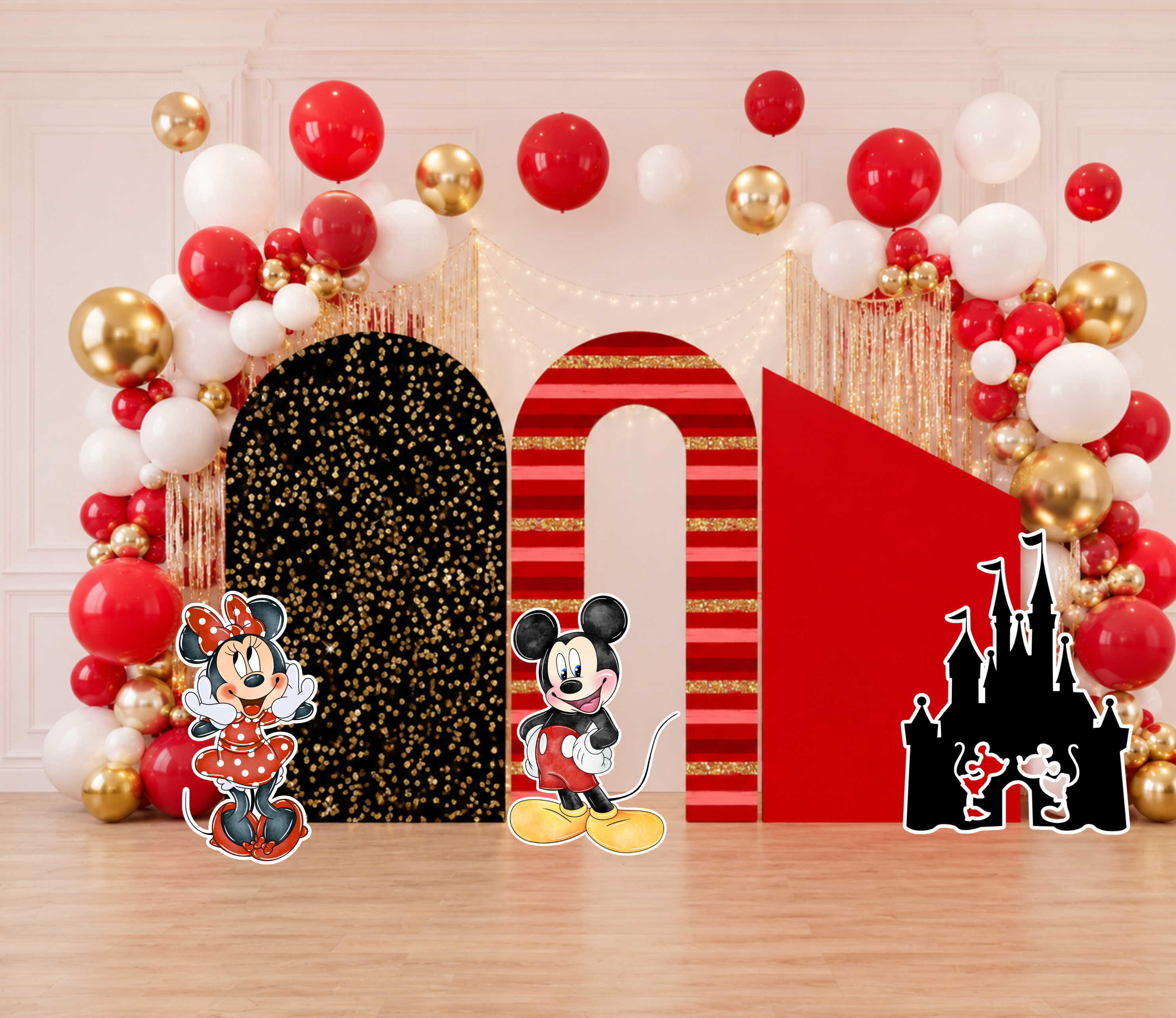 Classic Mouse Birthday Backdrop & Cutouts | Personalized Red Black Gold Party Decorations