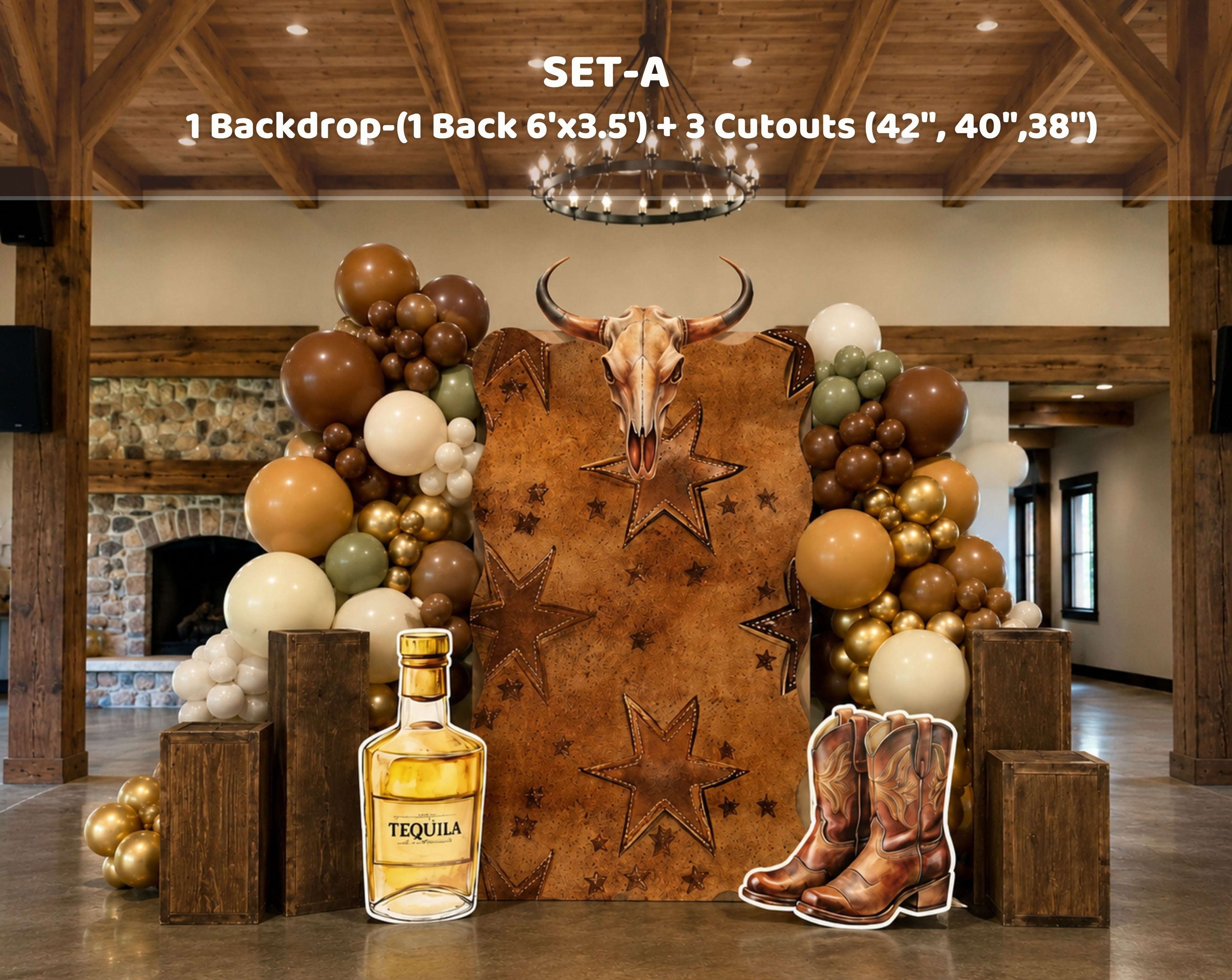 Personalized Wild West birthday backdrop with cowboy decor, rustic western details and coordinated party cutouts for an indoor event.