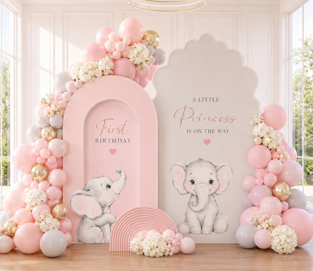 Baby Elephant Baptism Backdrop & Cutouts | Personalized Pink Little Blessing Party Decor