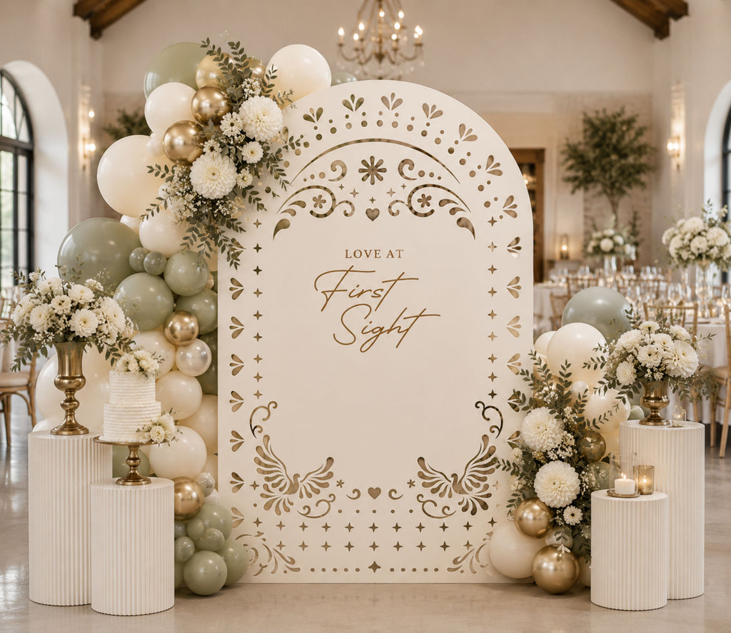 Personalized ivory papel picado backdrop with intricate cutout details for romantic wedding ceremony decor