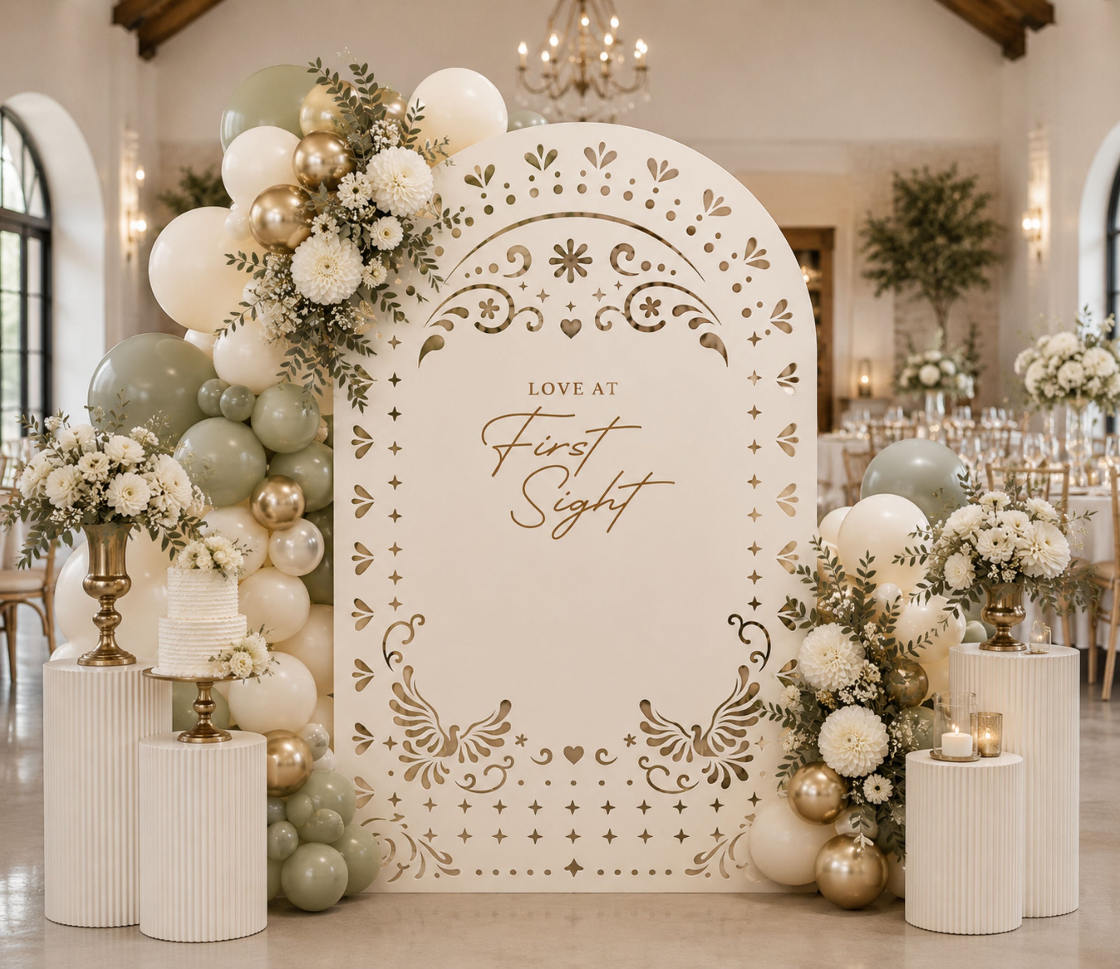 Personalized ivory papel picado backdrop with intricate cutout details for romantic wedding ceremony decor