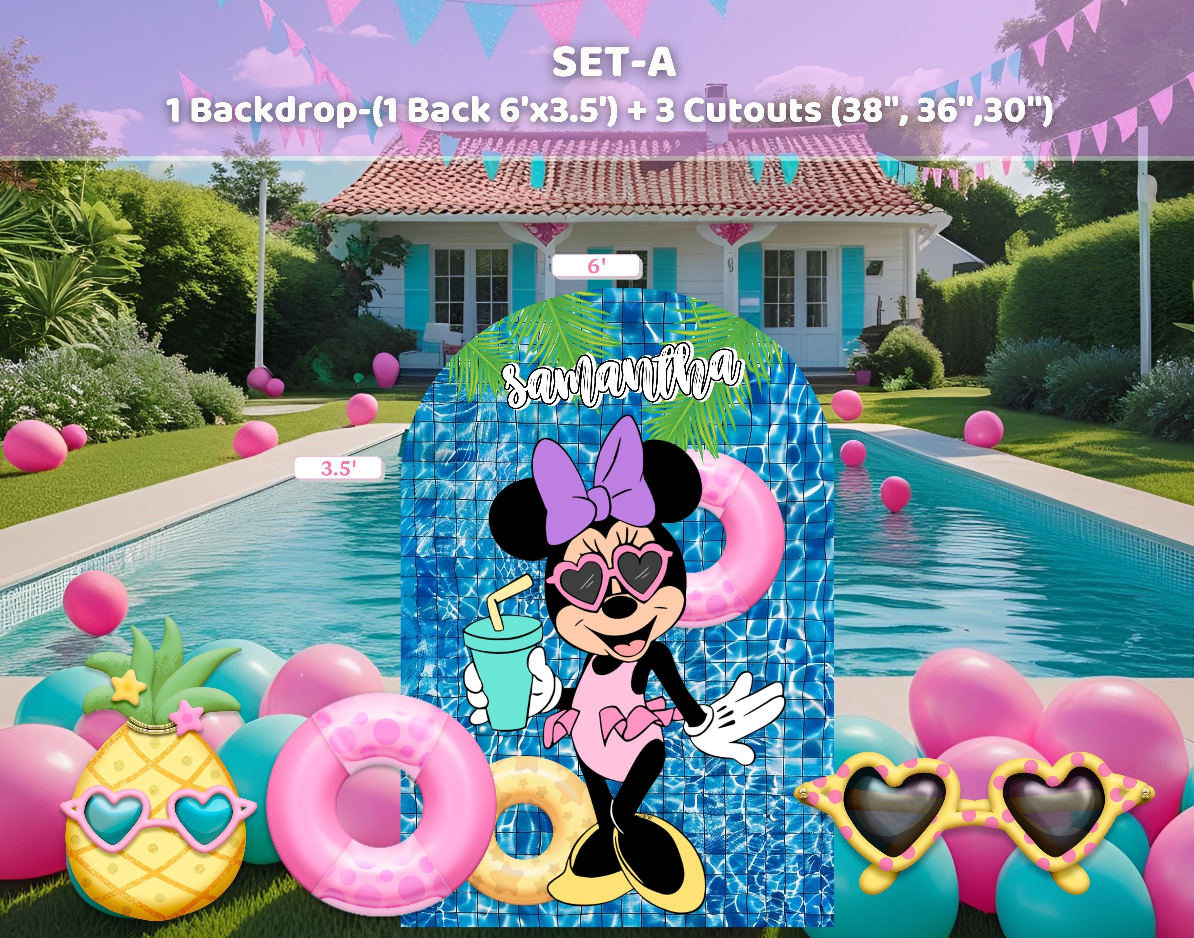 Personalized Minnie Mouse Pool Party Backdrop & Cutouts | Summer Birthday Decorations