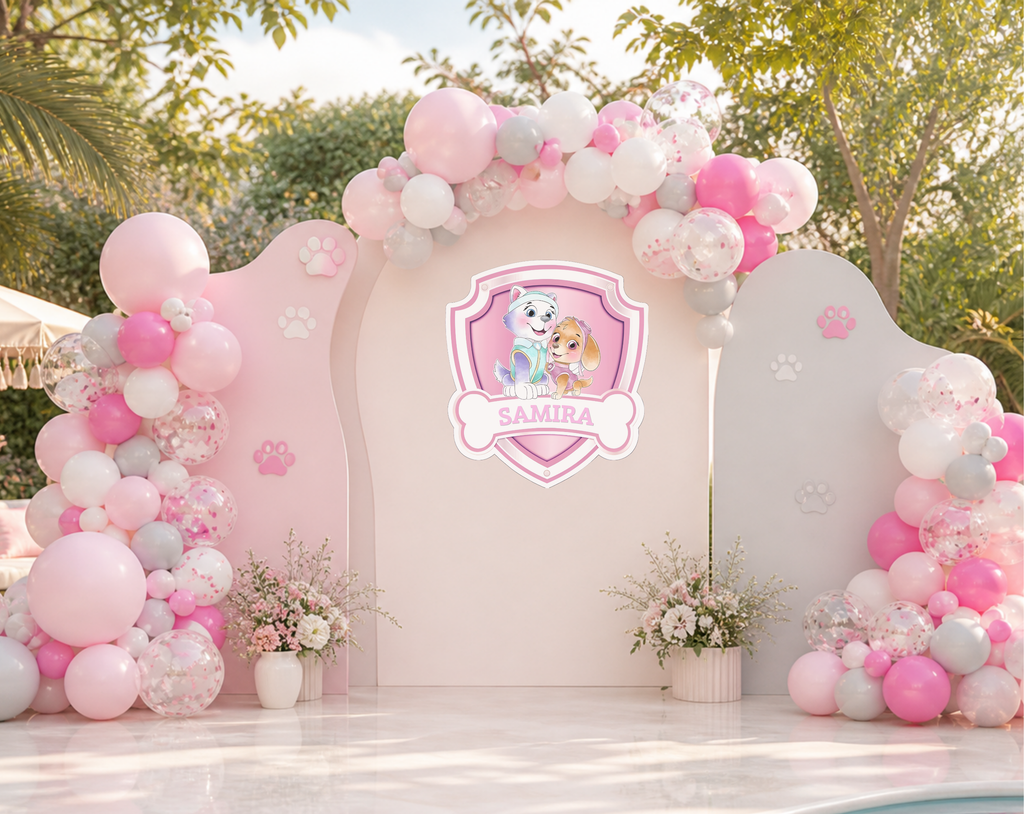 Pool Puppy Party Decoration Custom Backdrop with Shelves and Party Favors Rescue Summer Birthday Theme