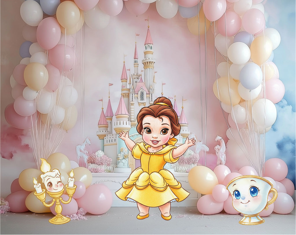 Personalized princess backdrop with soft pink styling, floral details, and coordinating character cutouts for a fairytale birthday party.
