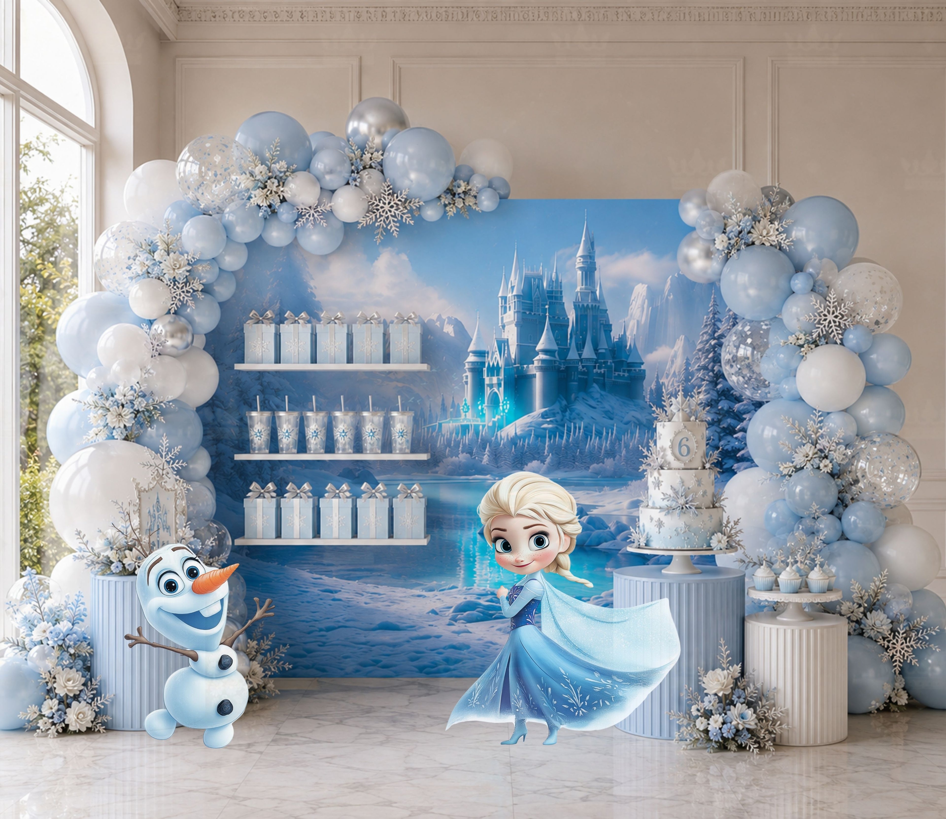 Ice princess party backdrop and cutouts displayed in a blue winter themed birthday setup