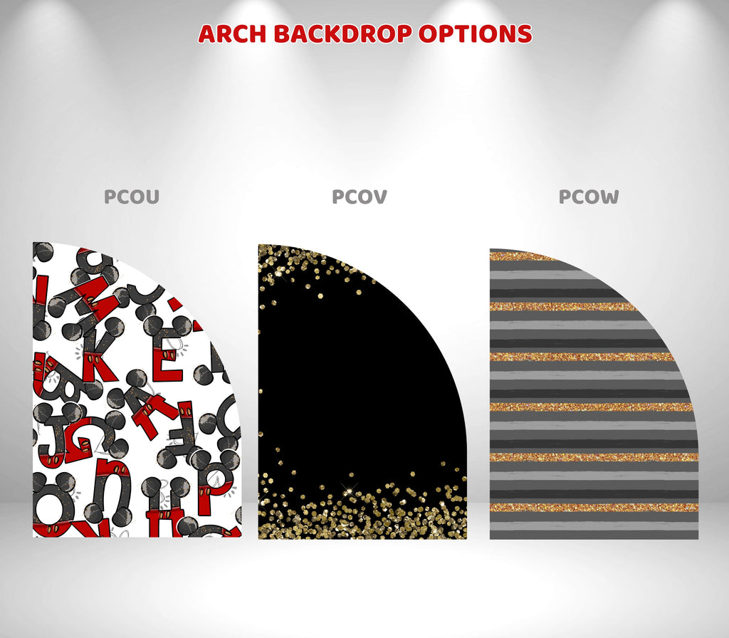 Classic Mouse Birthday Backdrop & Cutouts | Personalized Red Black Gold Party Decorations
