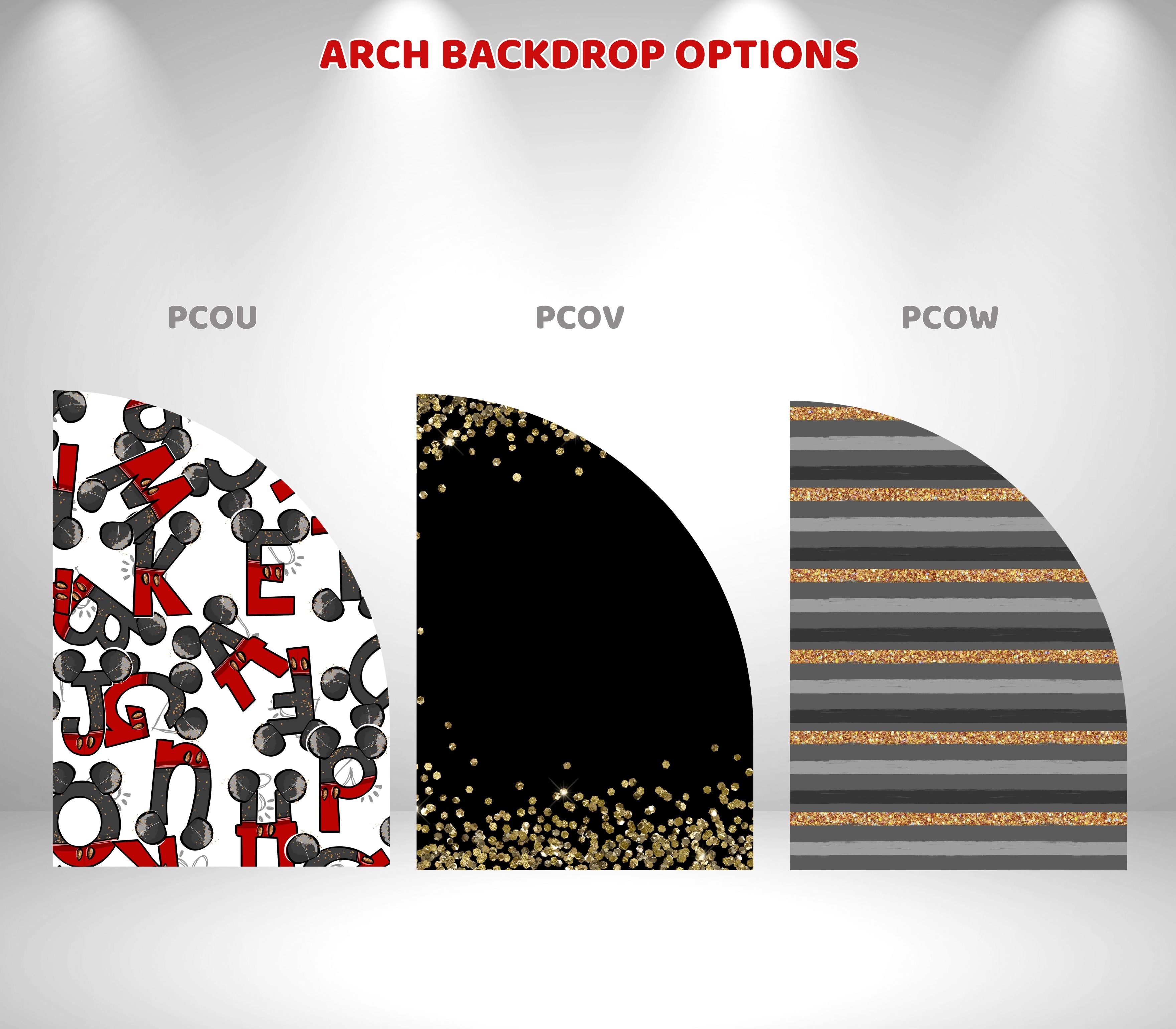 Classic Mouse Birthday Backdrop & Cutouts | Personalized Red Black Gold Party Decorations
