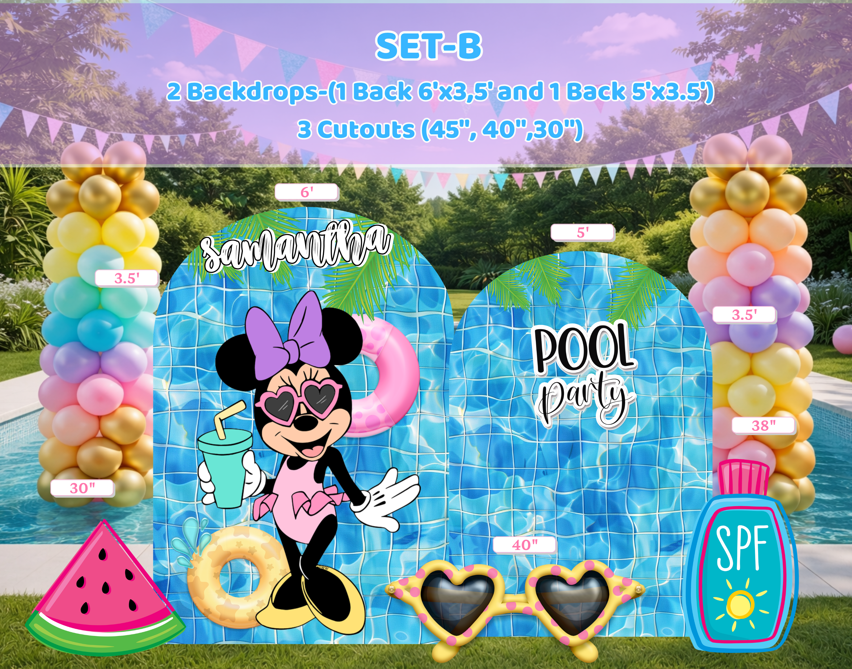 Personalized Minnie Mouse Pool Party Backdrop & Cutouts | Summer Birthday Decorations