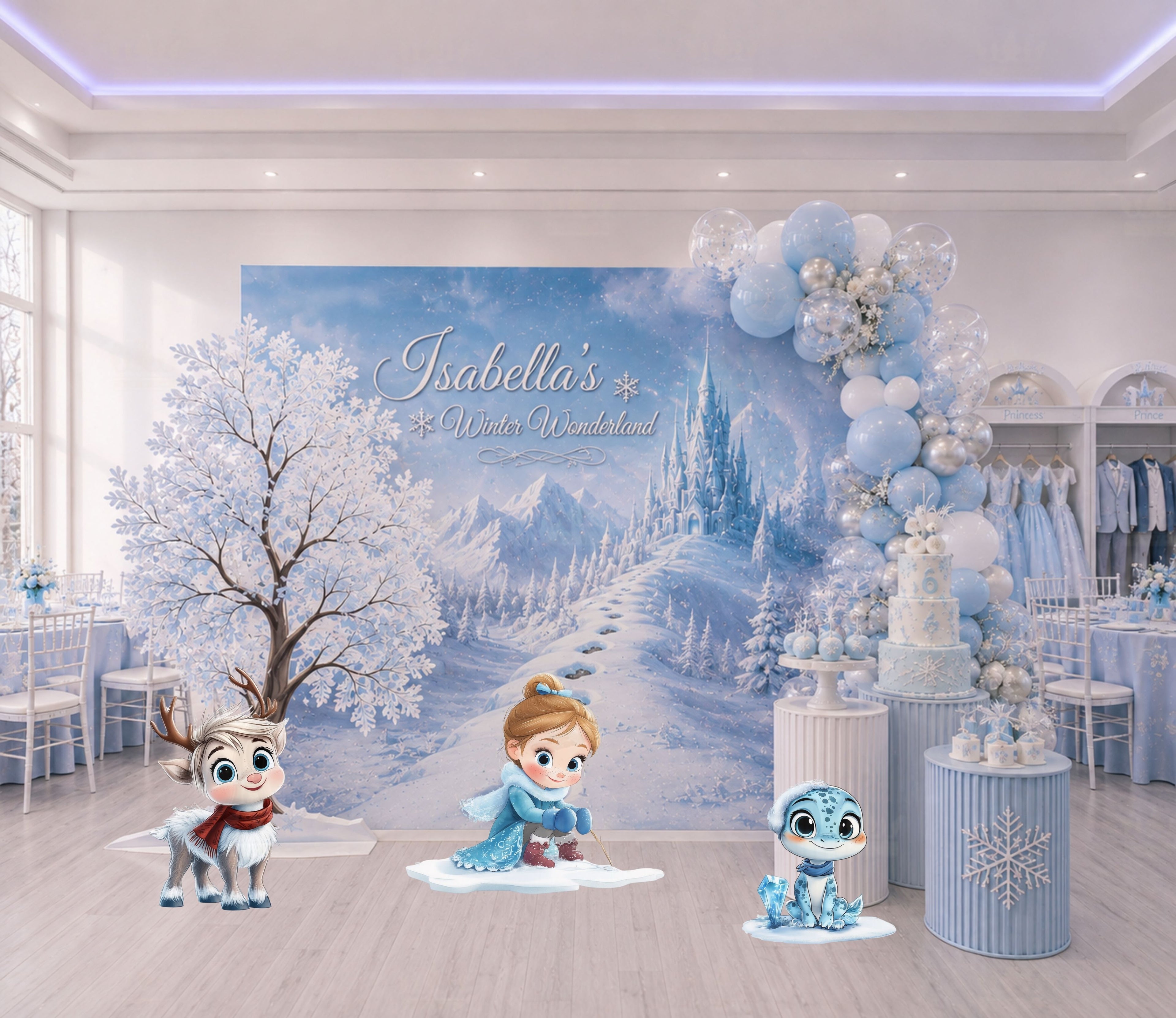 Personalized winter princess backdrop with icy blue castle scene and character cutouts