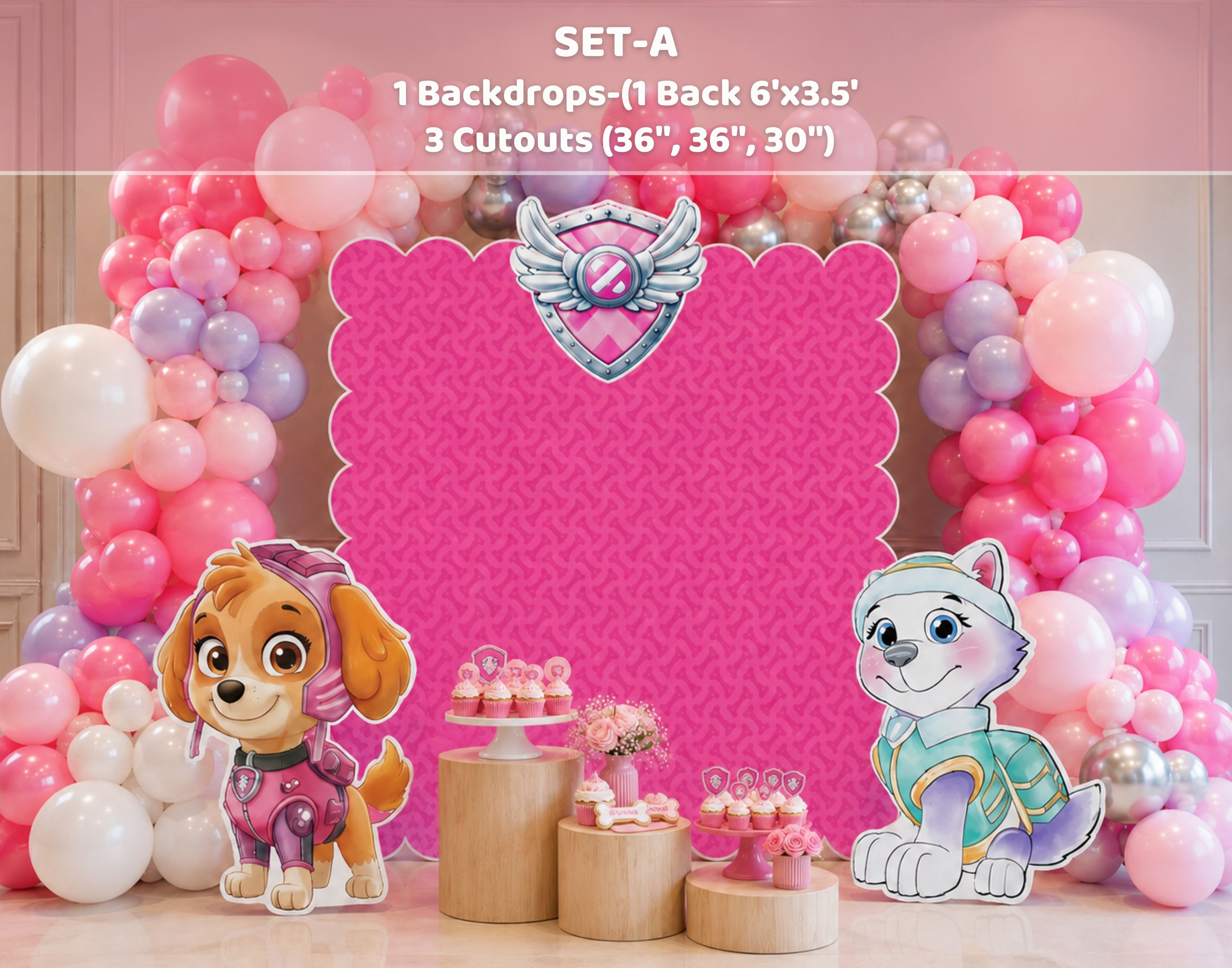 Pink puppy birthday backdrop with character cutouts, heart badge detail, pink and white balloon garland and dessert pedestals for a girls party.