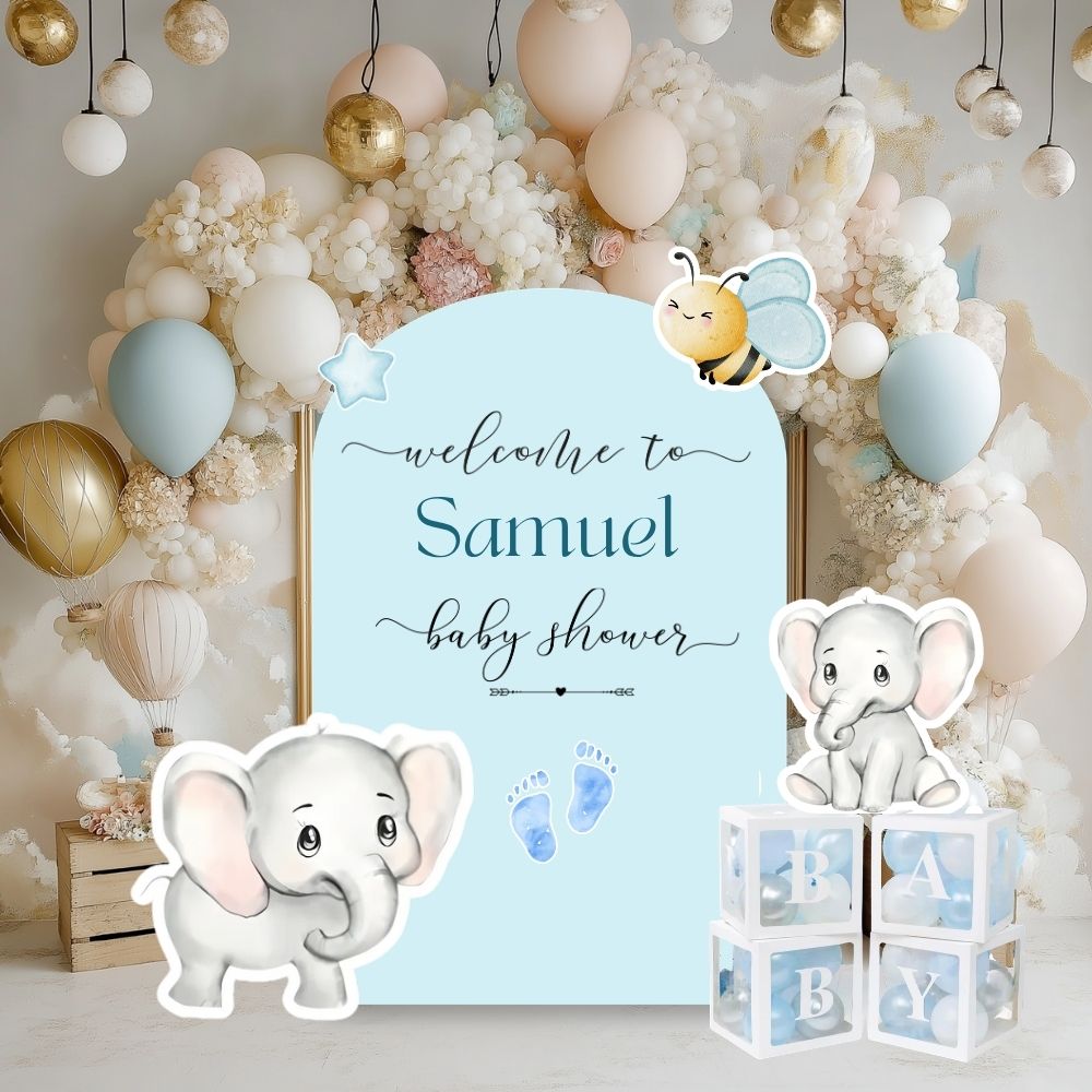 Blue Toile Baby Backdrop & Cutouts | Personalized Elephant First Birthday Decorations