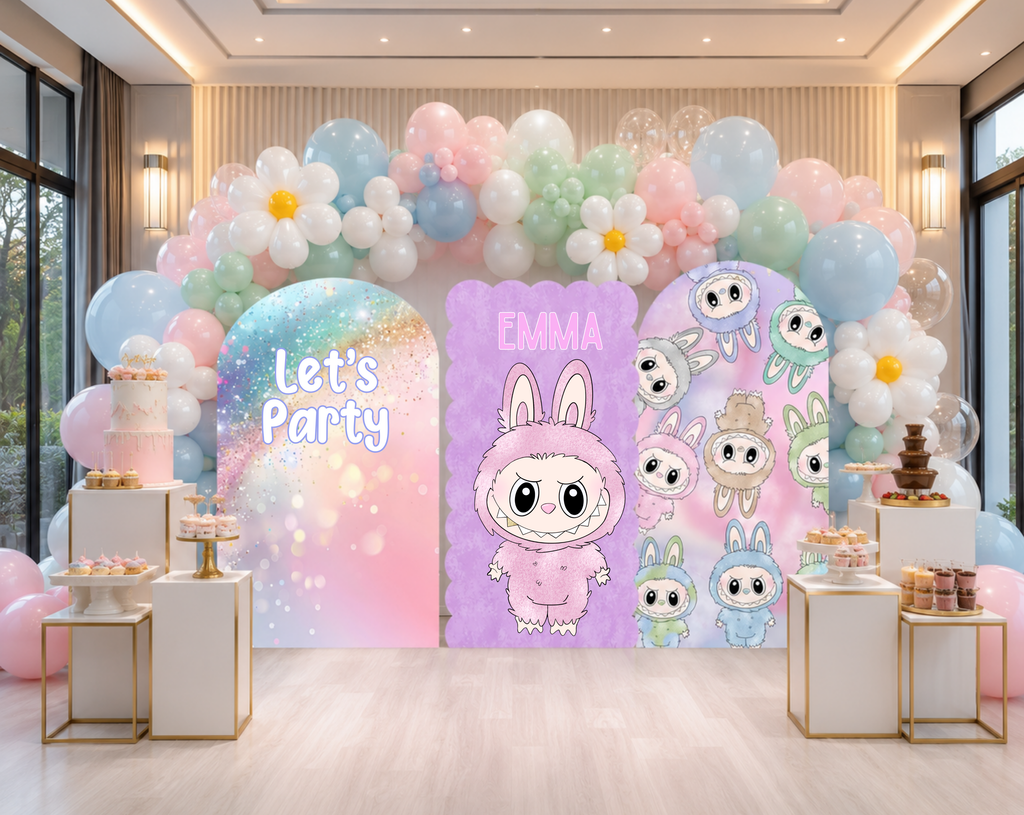 Cute Monster Birthday Backdrop & Cutouts | Personalized Kawaii Pastel Party Decorations