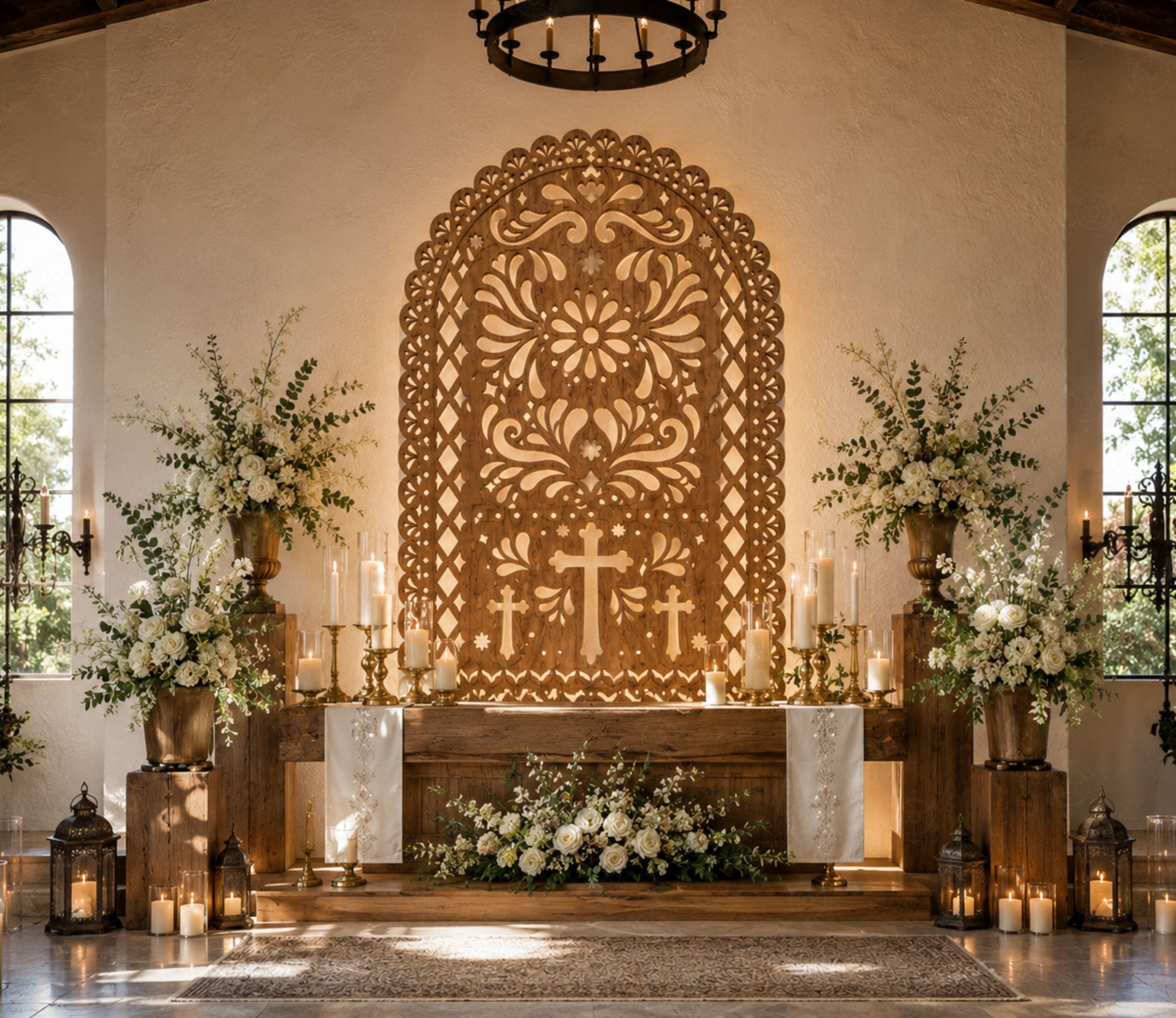 Terracotta religious papel picado backdrop with cross design for Christian celebration decor
