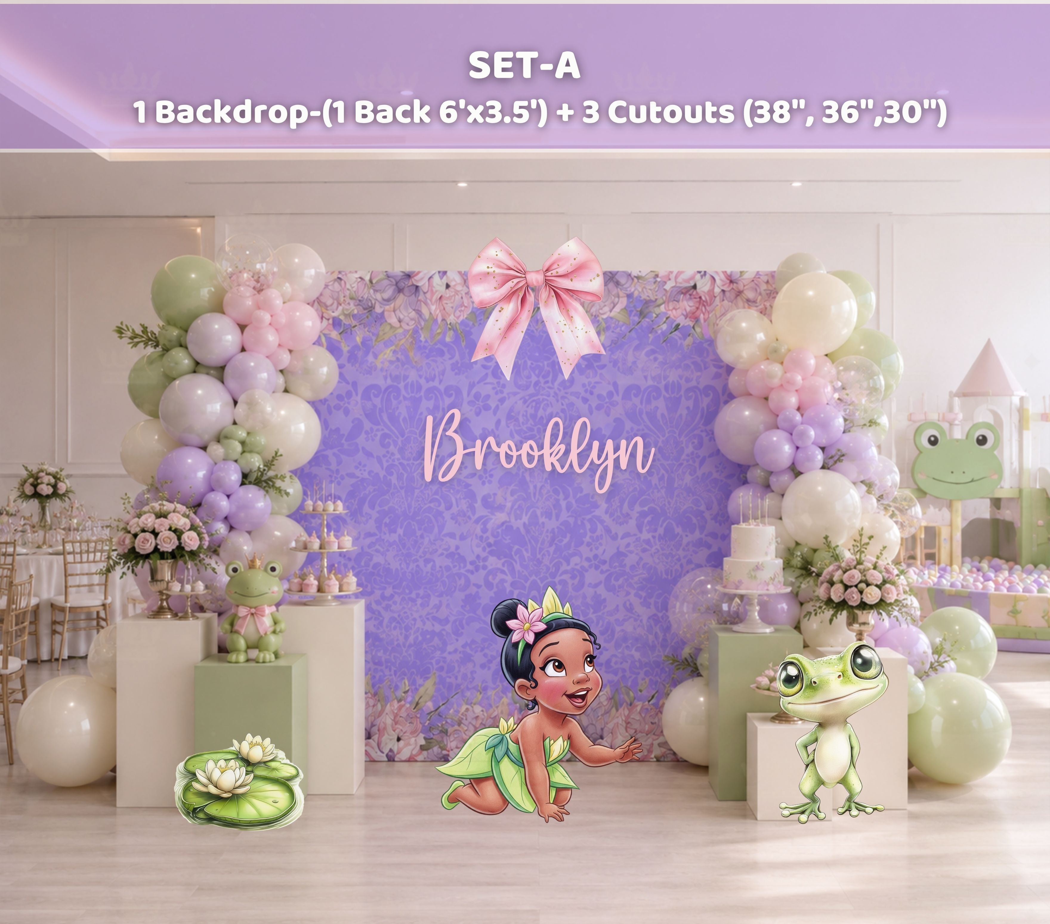 Lavender personalized frog princess backdrop with matching character cutout and floral decorations