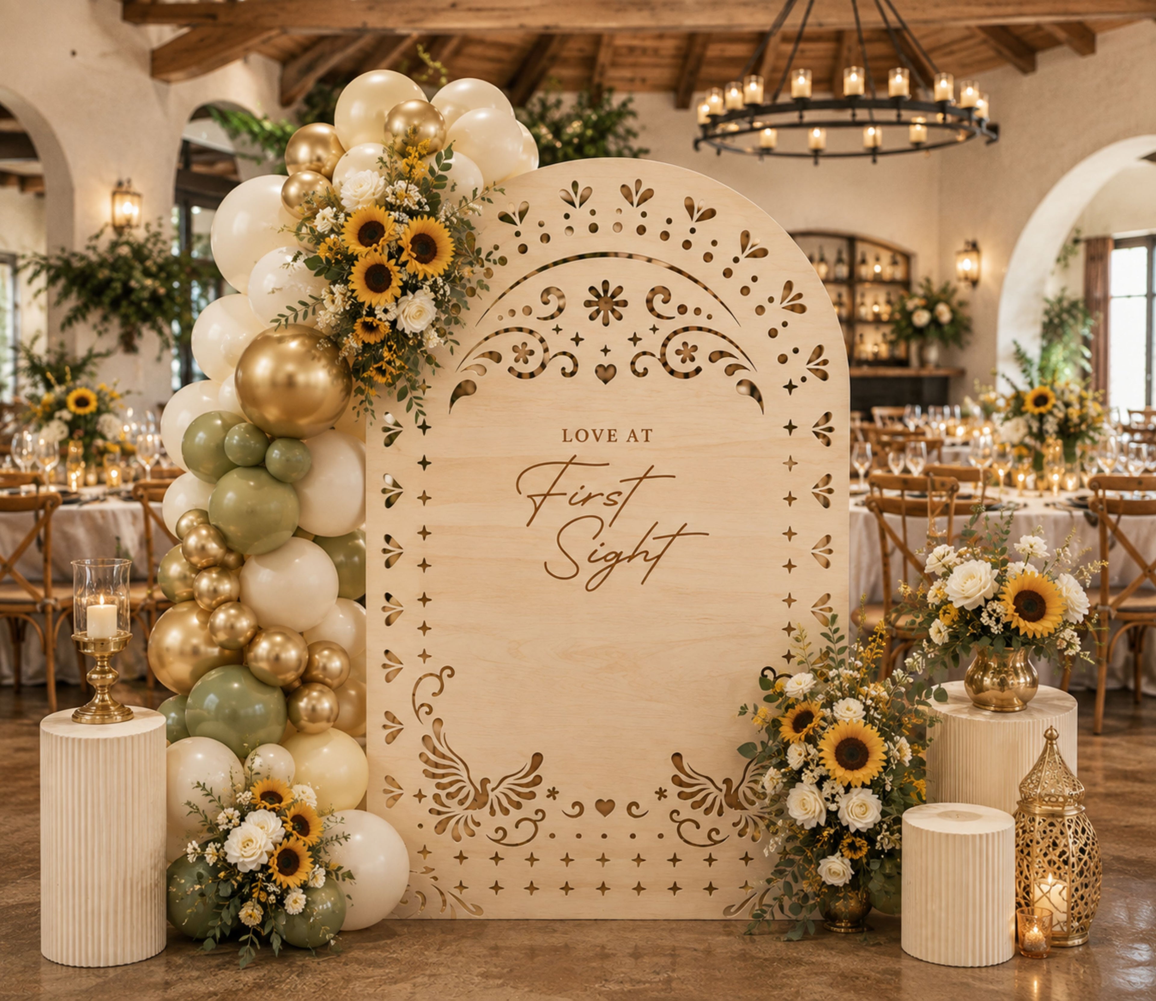 Natural wood papel picado wedding backdrop with personalized design and florals for rustic Mexican wedding decor