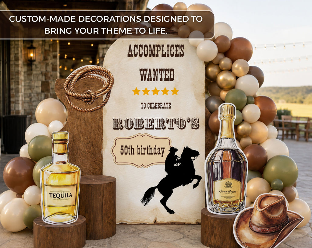 Wild West birthday backdrop with cowboy themed decorations, rustic neutral colors and custom party styling.