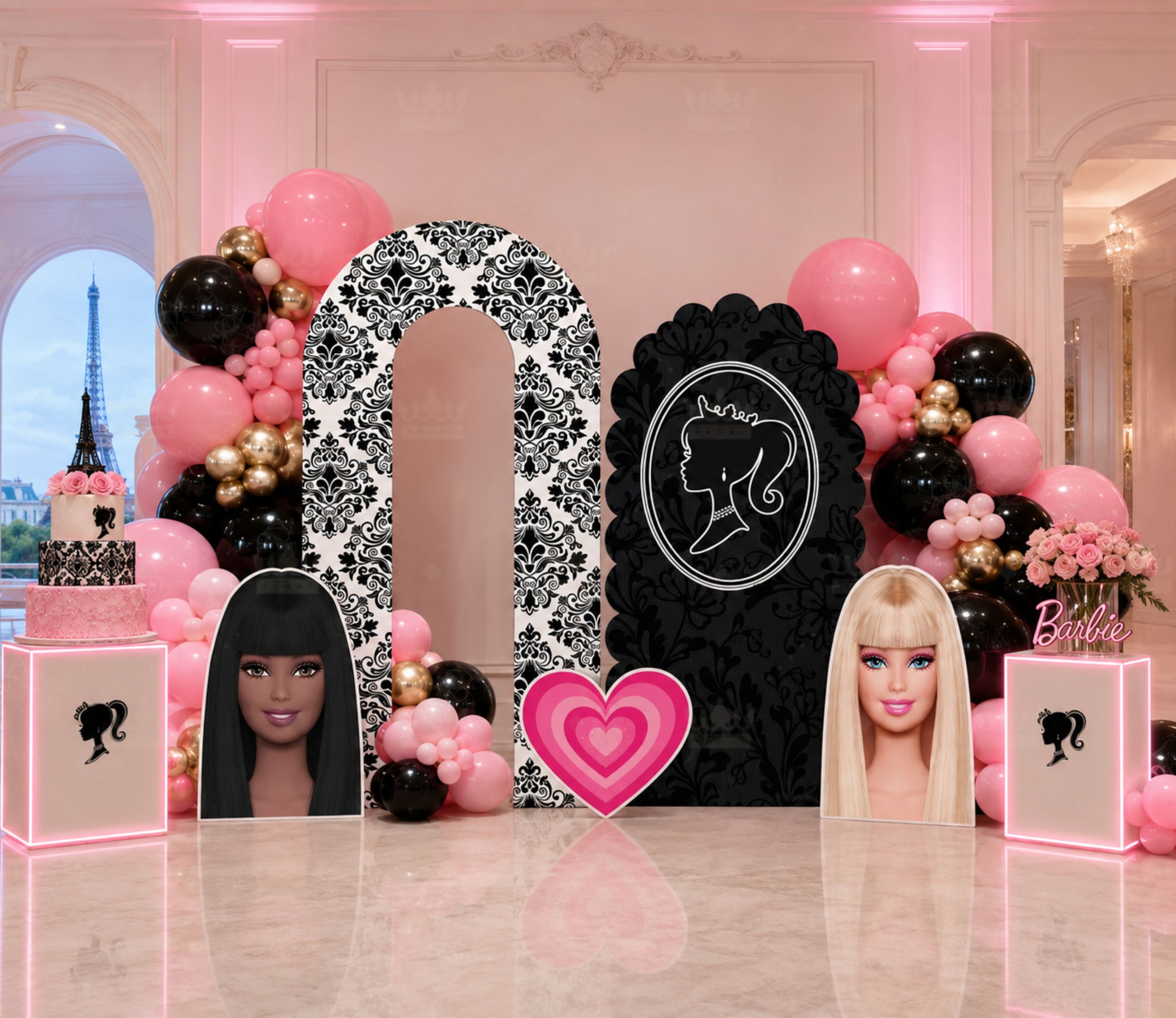 Indoor glam girls birthday backdrop with pink and black balloon decor, fashion doll theme and custom party styling.