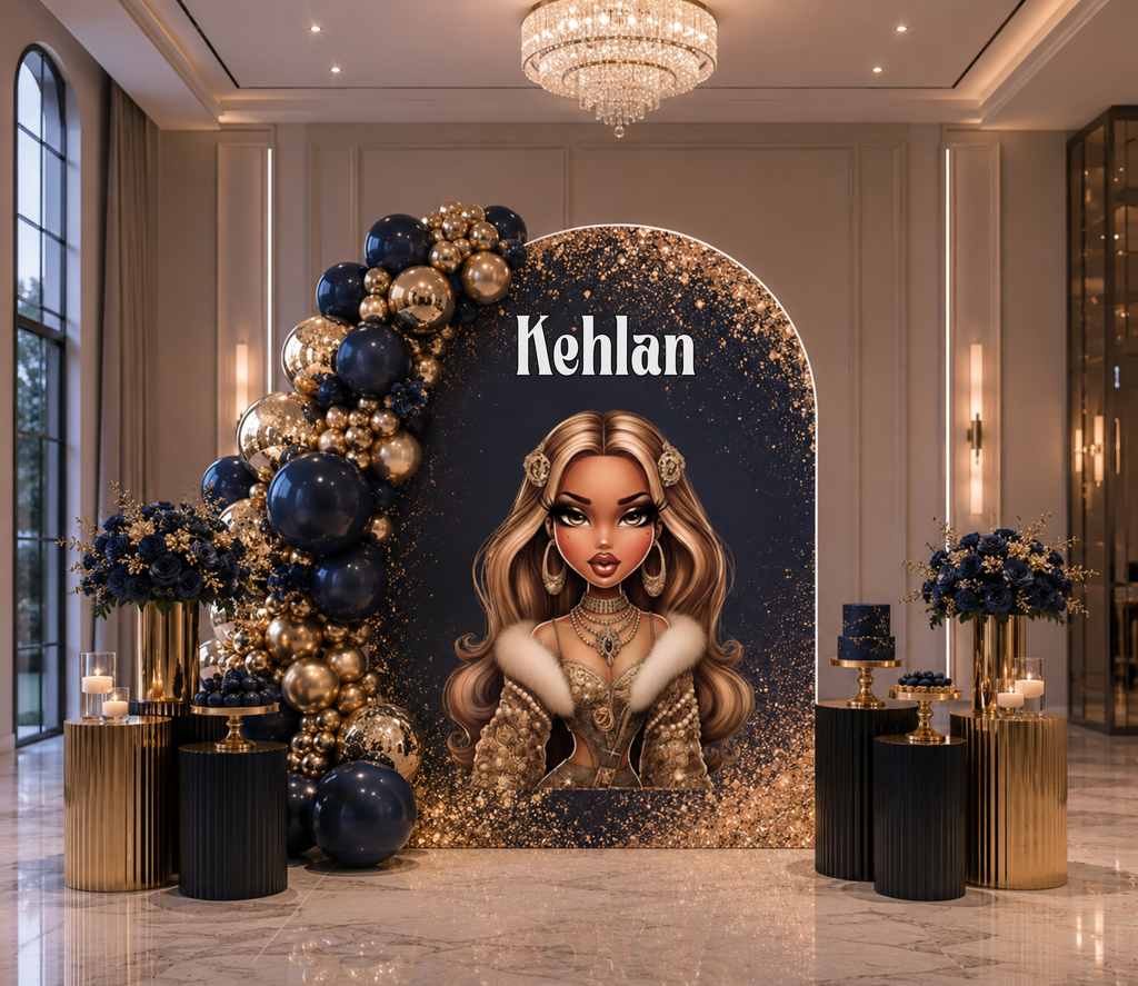 Custom Glam Fashion Doll Birthday Backdrop & Cutouts | Personalized Girly Party Decorations
