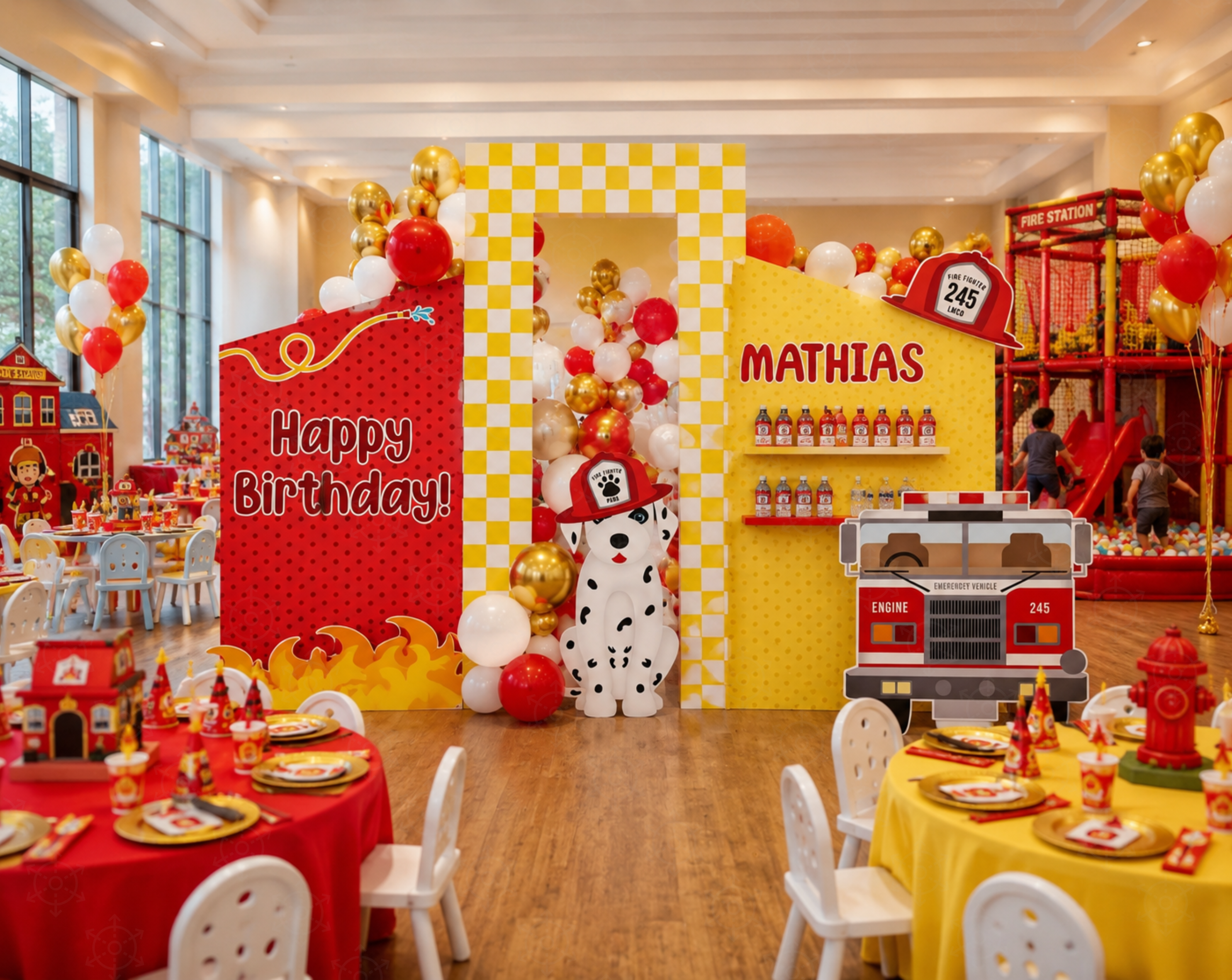 Firefighter Birthday Backdrop & Cutouts | Personalized Fire Truck Party Decorations