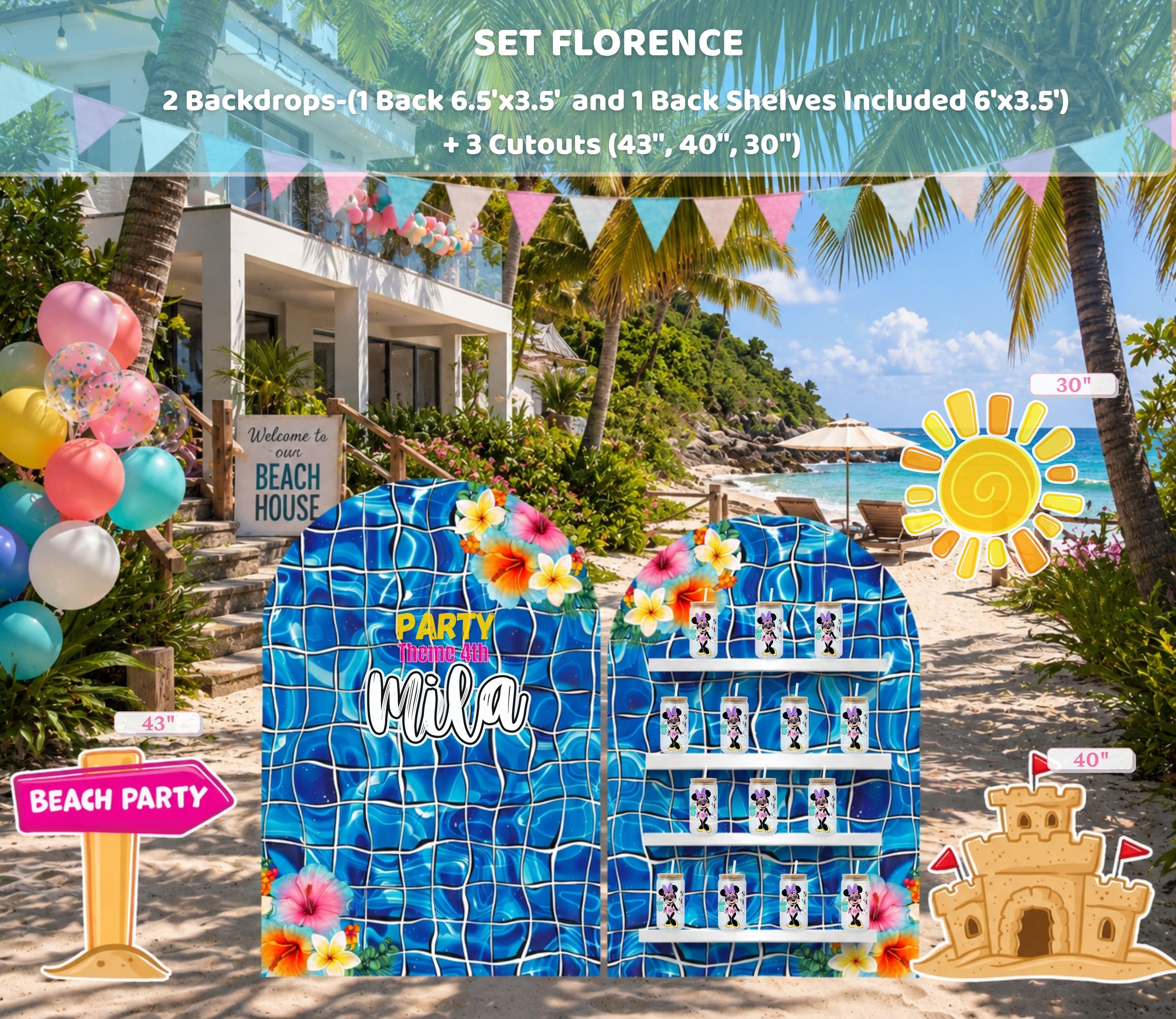 Tropical pool party favor display backdrop with blue panels, colorful balloons and personalized birthday party decorations.