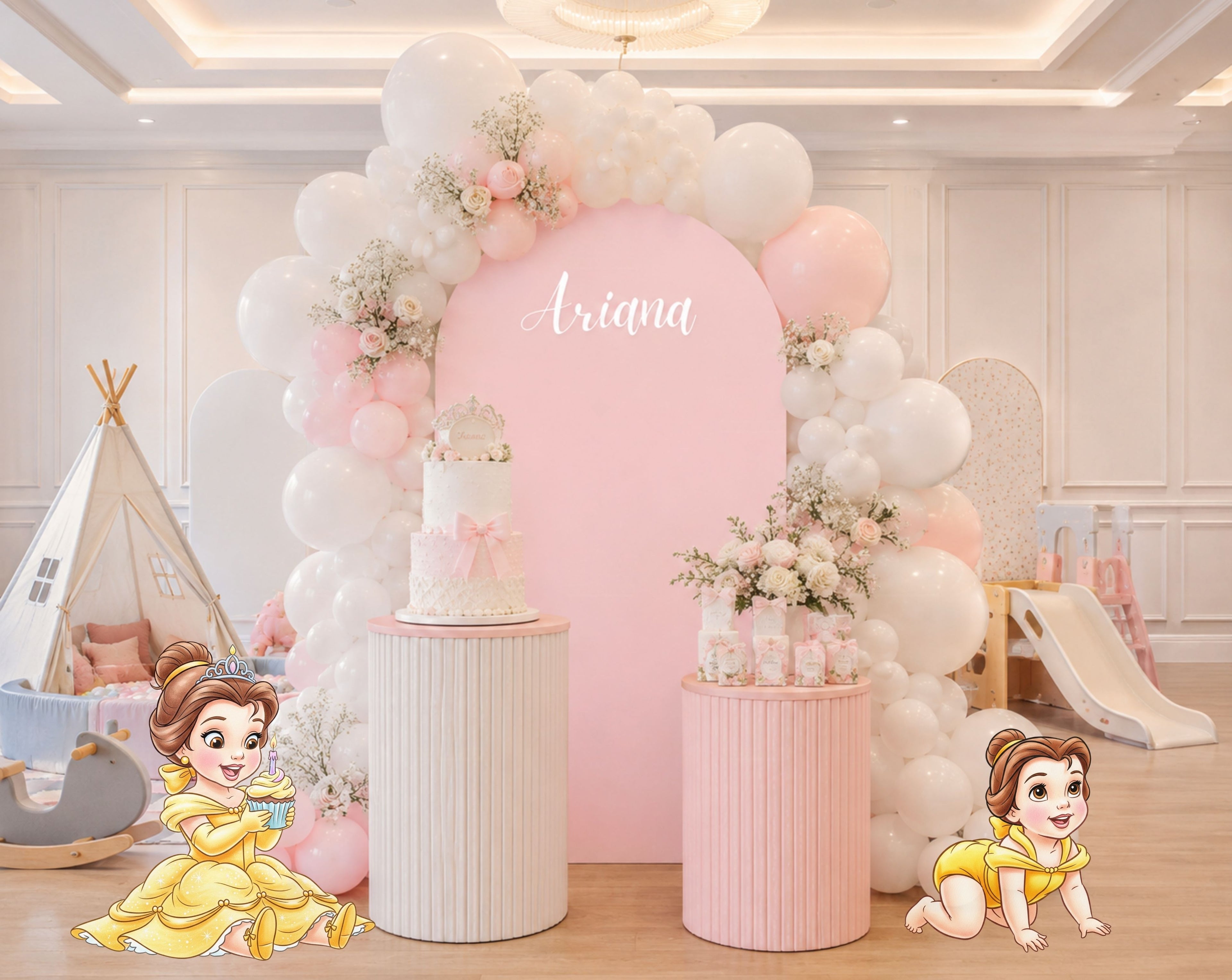 Custom fairytale birthday backdrop featuring storybook princess characters, soft pink styling, and personalized party details.