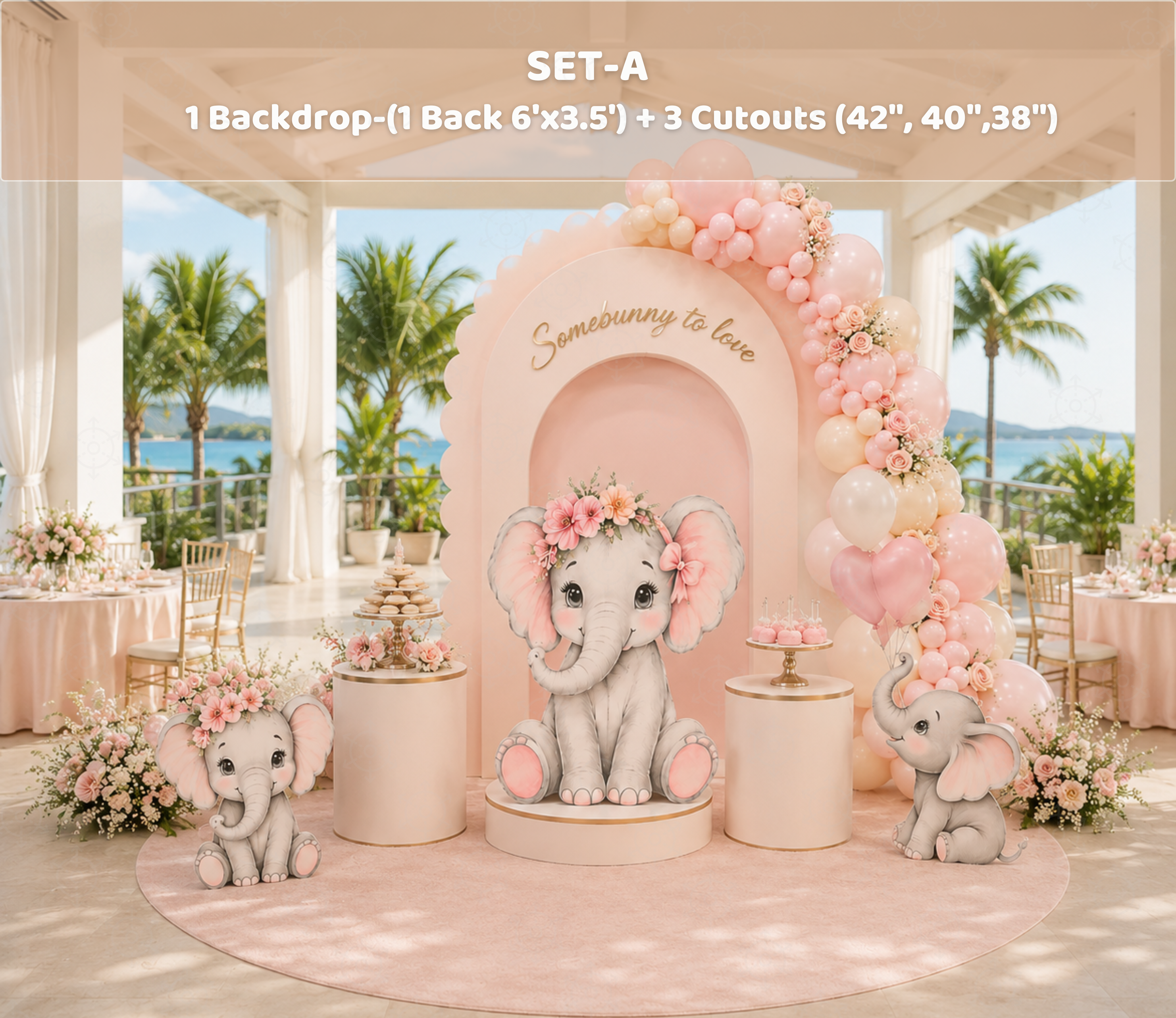 Baby Elephant Baptism Backdrop & Cutouts | Personalized Pink Little Blessing Party Decor