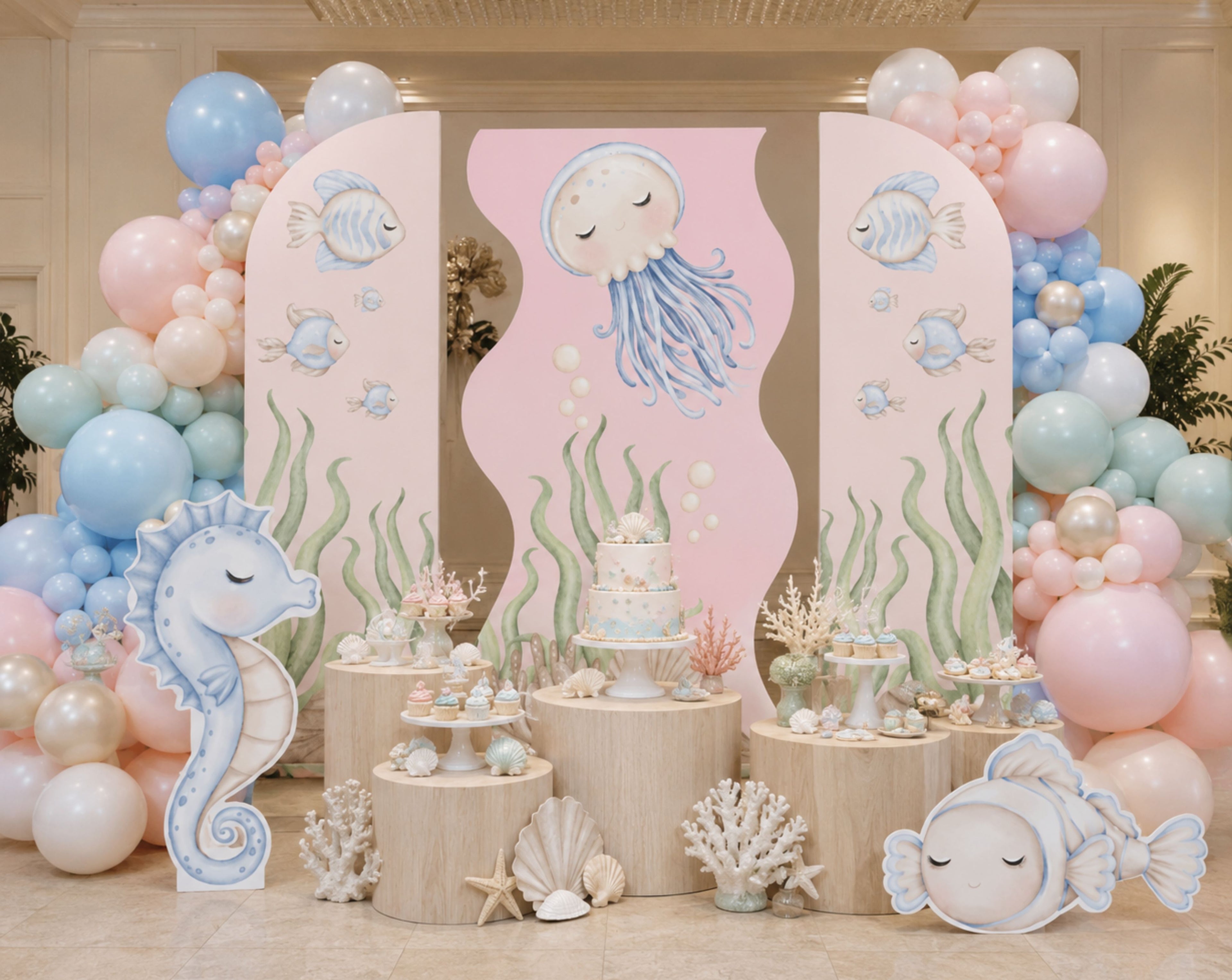 Pastel ocean birthday backdrop with pink and blue arch panels, sea animal cutouts and balloon decor for a dreamy under the sea celebration.