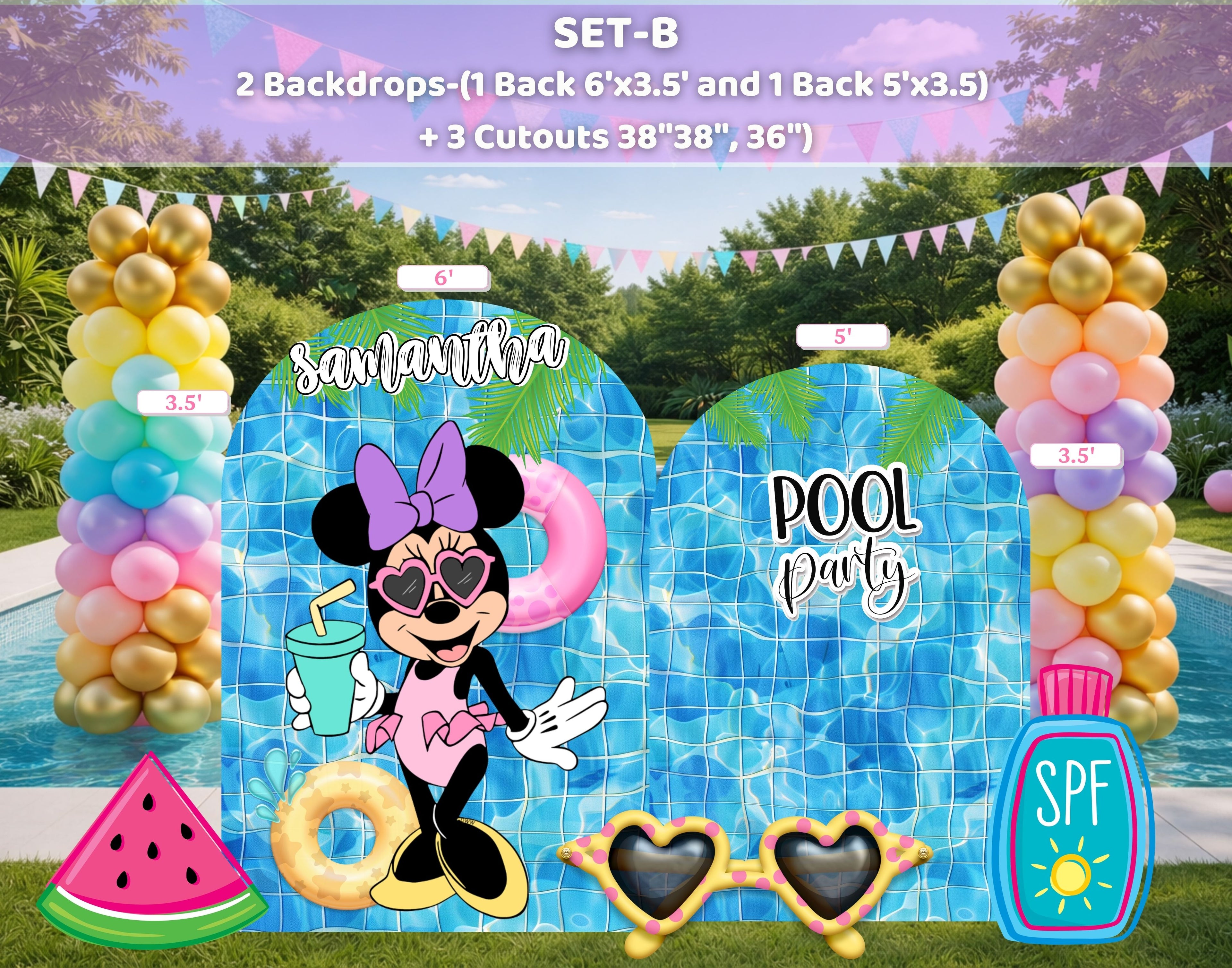 Personalized Minnie Mouse Pool Party Backdrop & Cutouts | Summer Birthday Decorations
