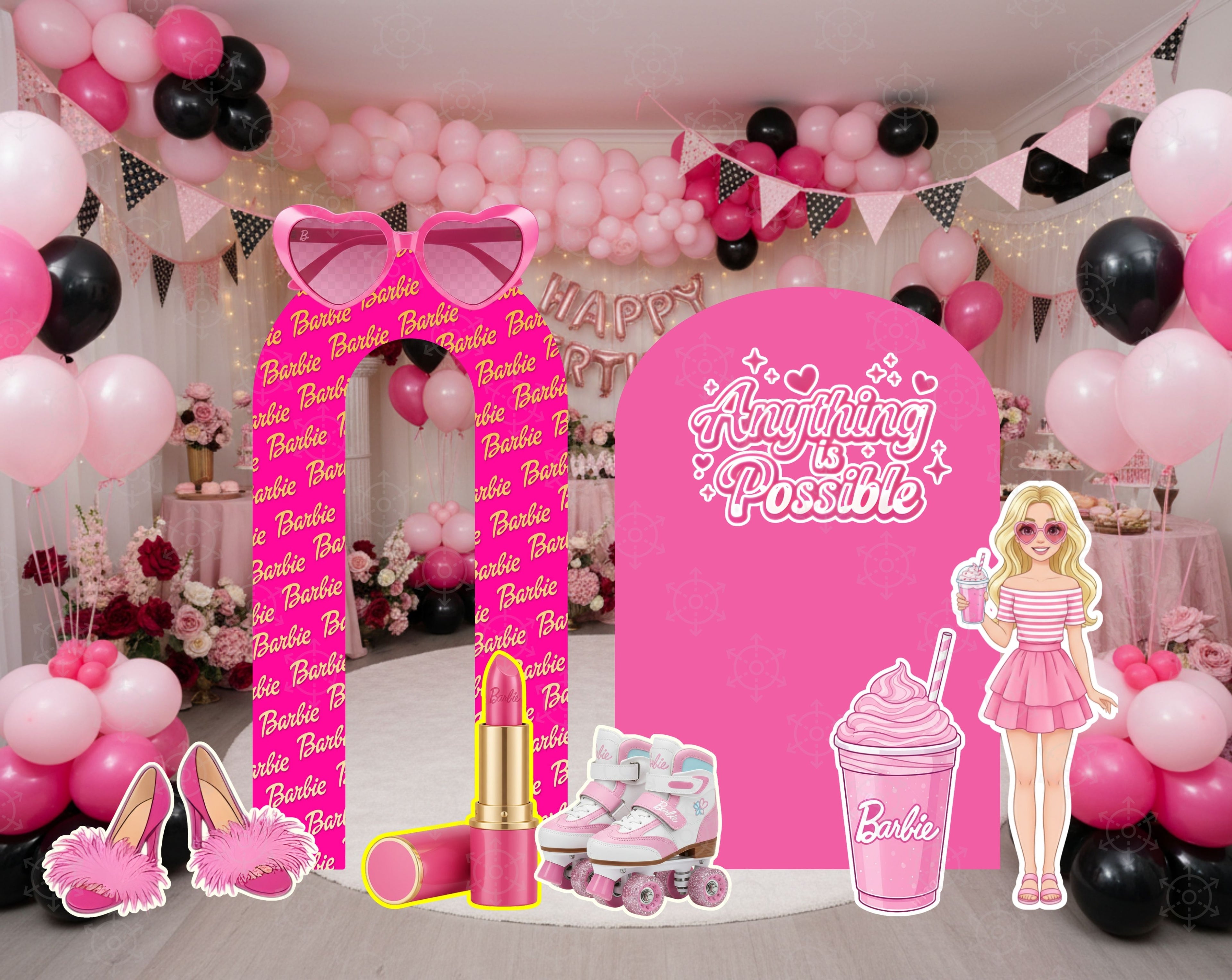 Pink Doll Party Backdrop & Cutouts | Personalized Glam Girls Birthday Decorations