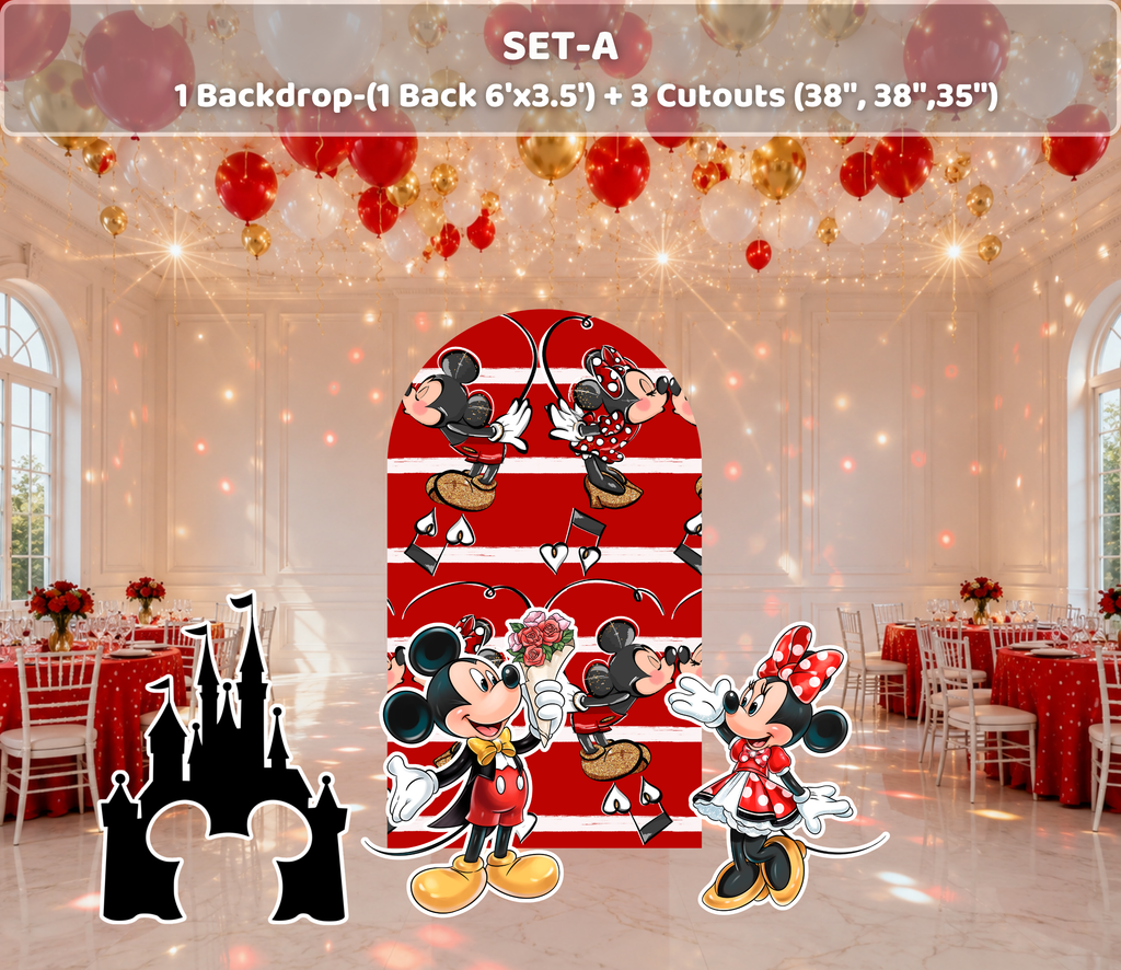 Classic Mouse Birthday Backdrop & Cutouts | Personalized Red Black Gold Party Decorations
