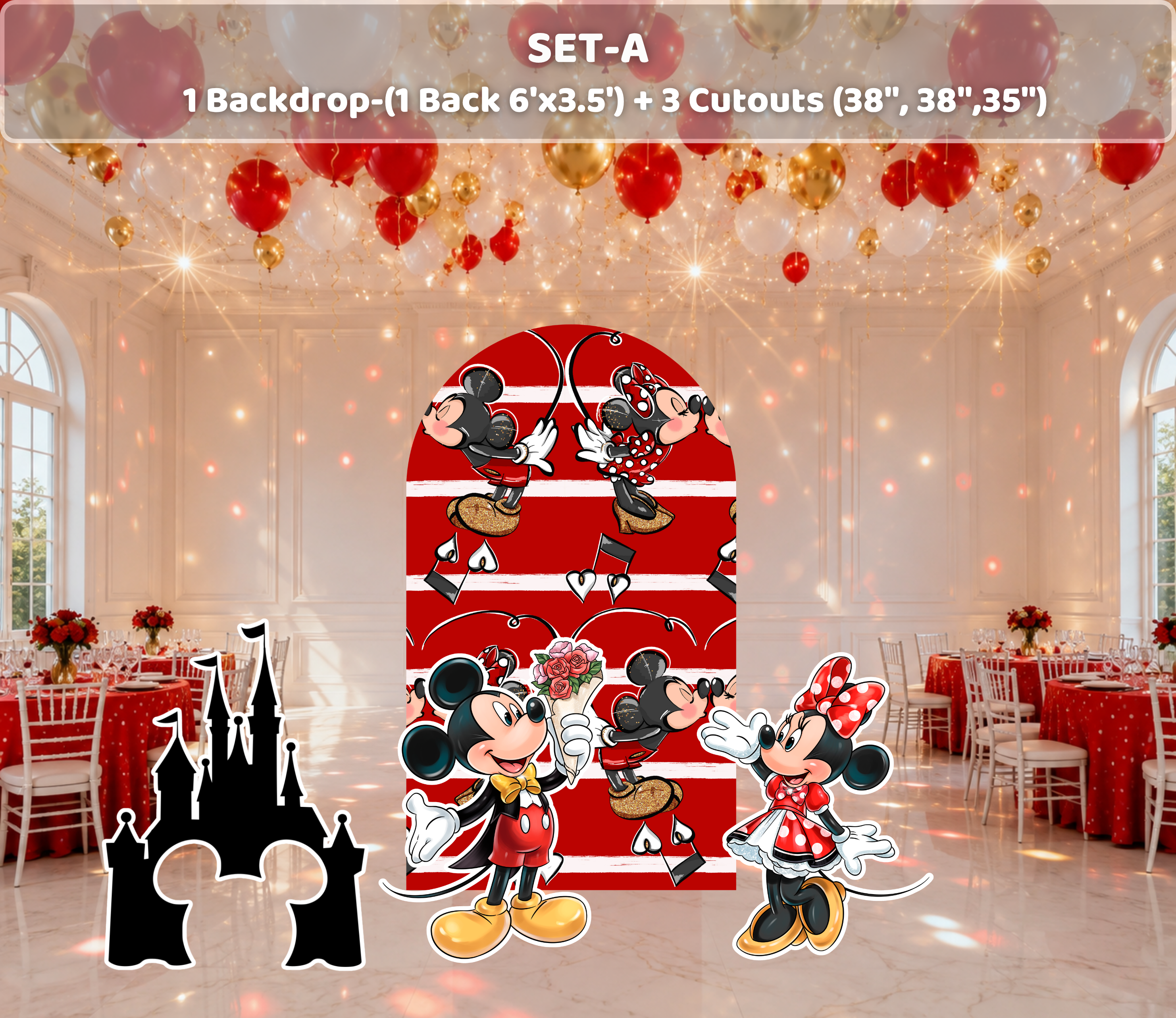 Classic Mouse Birthday Backdrop & Cutouts | Personalized Red Black Gold Party Decorations