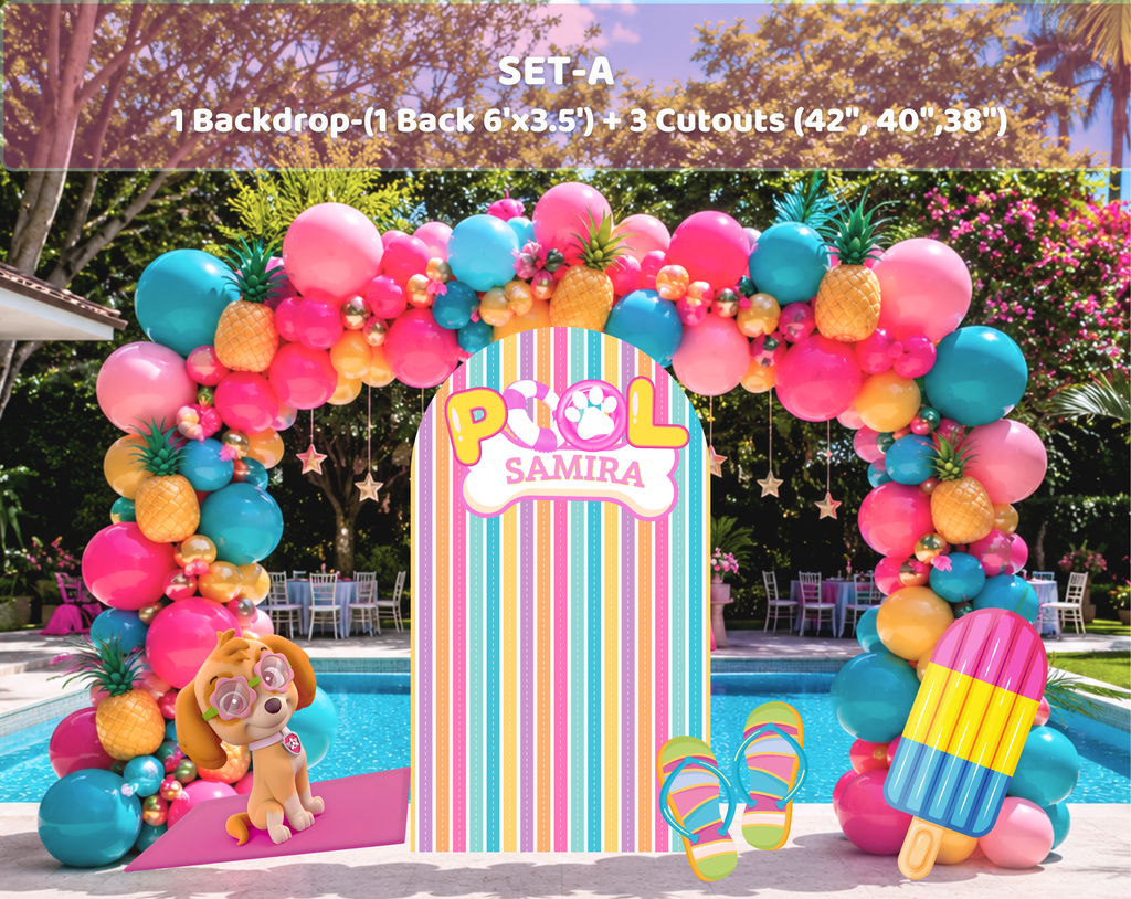 Pool Puppy Party Decoration Custom Backdrop with Shelves and Party Favors Rescue Summer Birthday Theme
