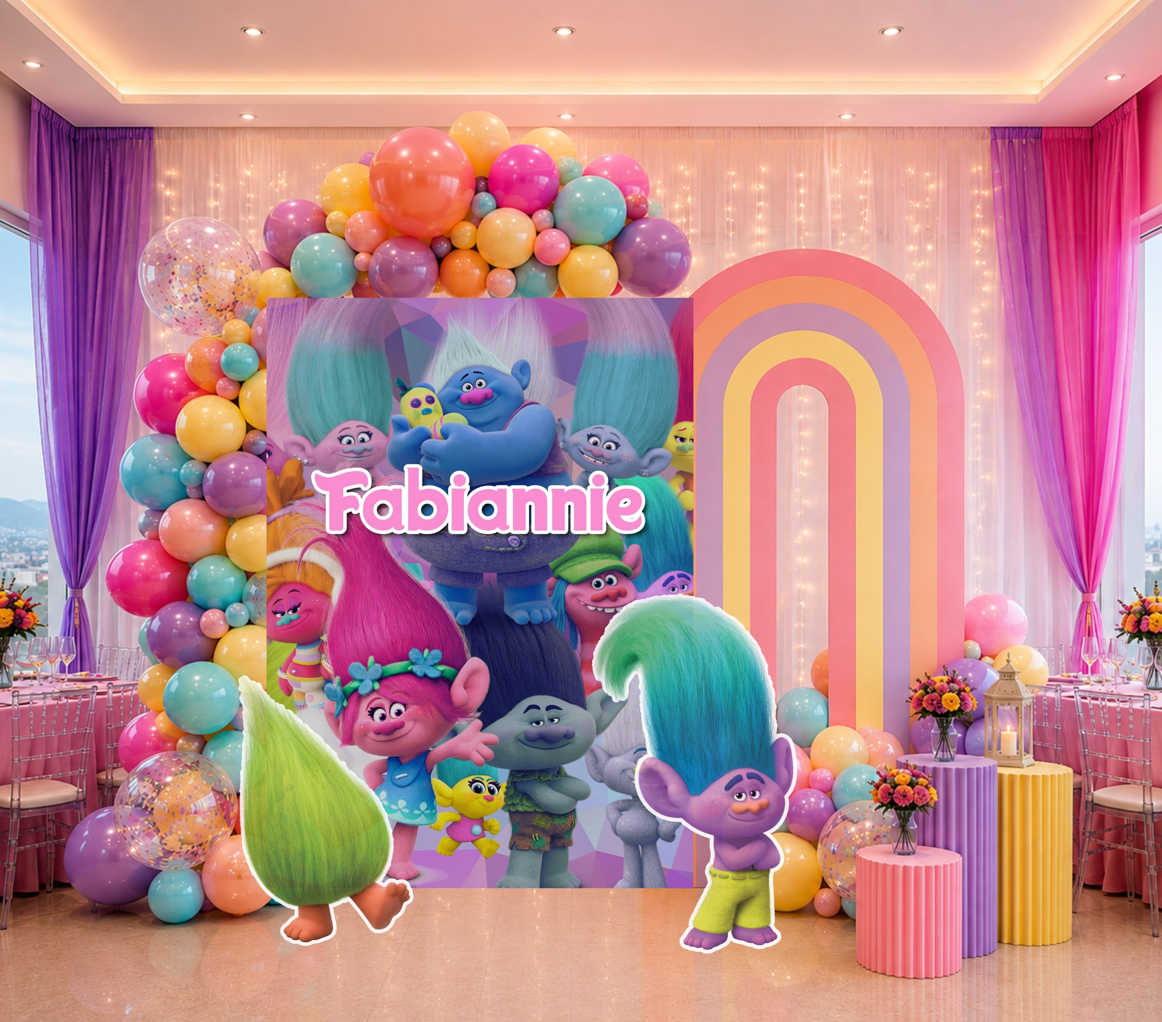 Custom Rainbow Hair Cartoon Birthday Backdrop & Cutouts | Colorful Kids Party Decorations