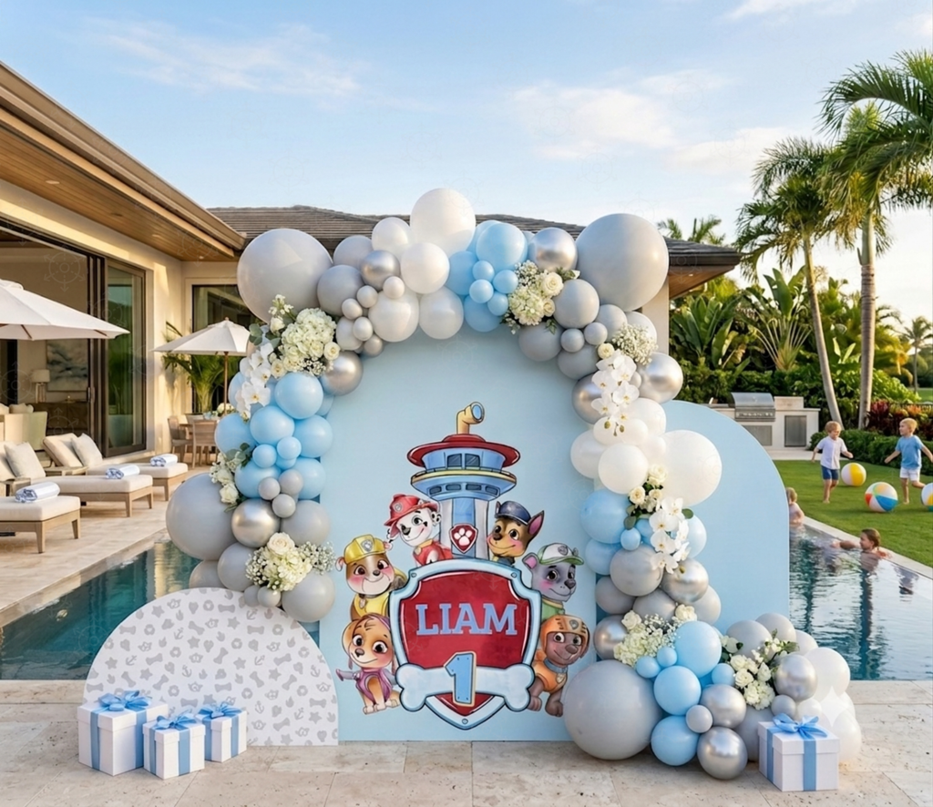 Pup Patrol Little Paws Birthday Backdrop & Cutouts | Personalized Puppy Party Decorations