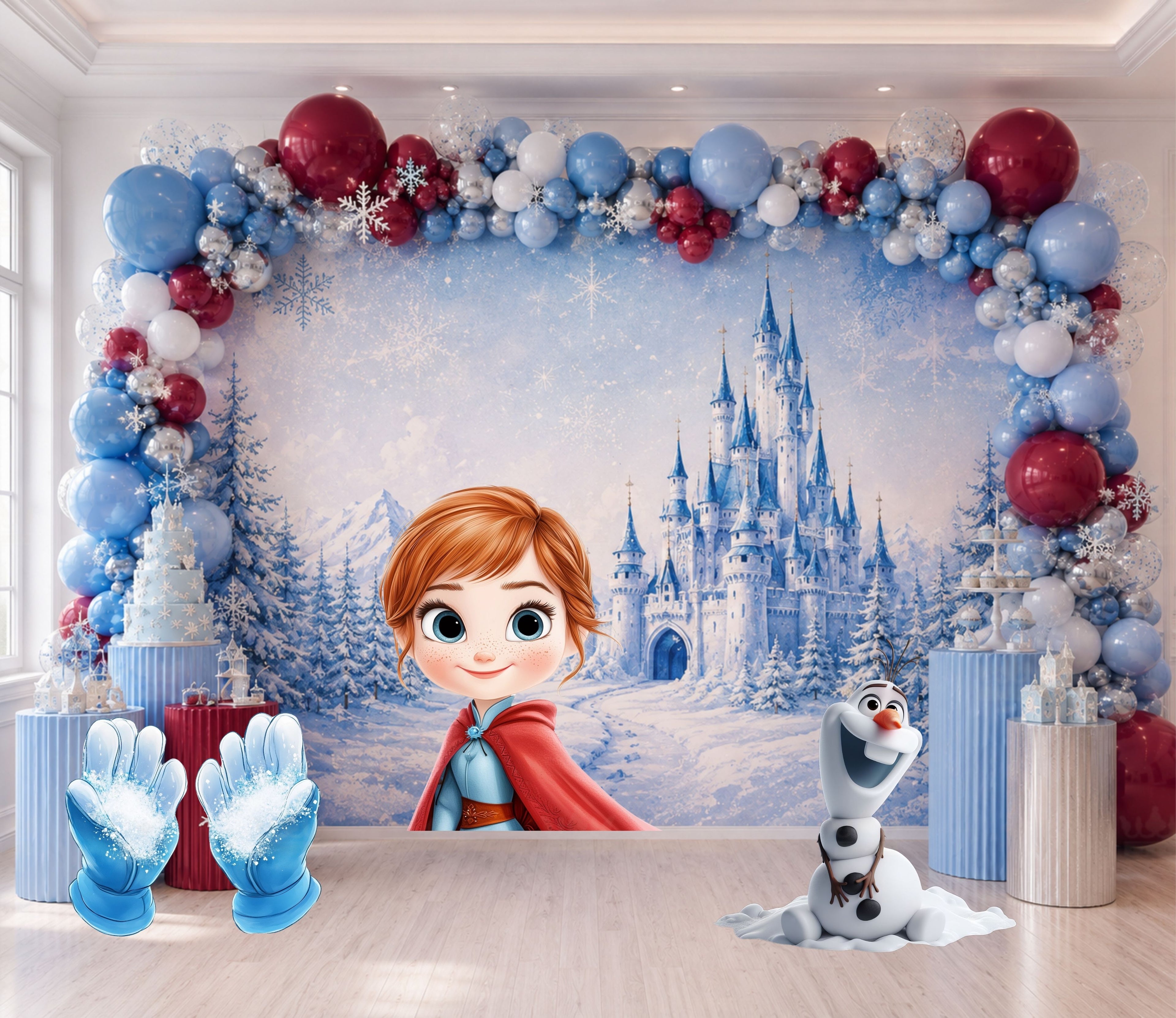 Personalized ice princess party backdrop with red haired princess cutout and blue balloon garland