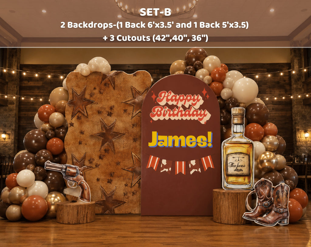 Western birthday party setup with rustic backdrop panels, cowboy themed accents and personalized decorations for a country style celebration.