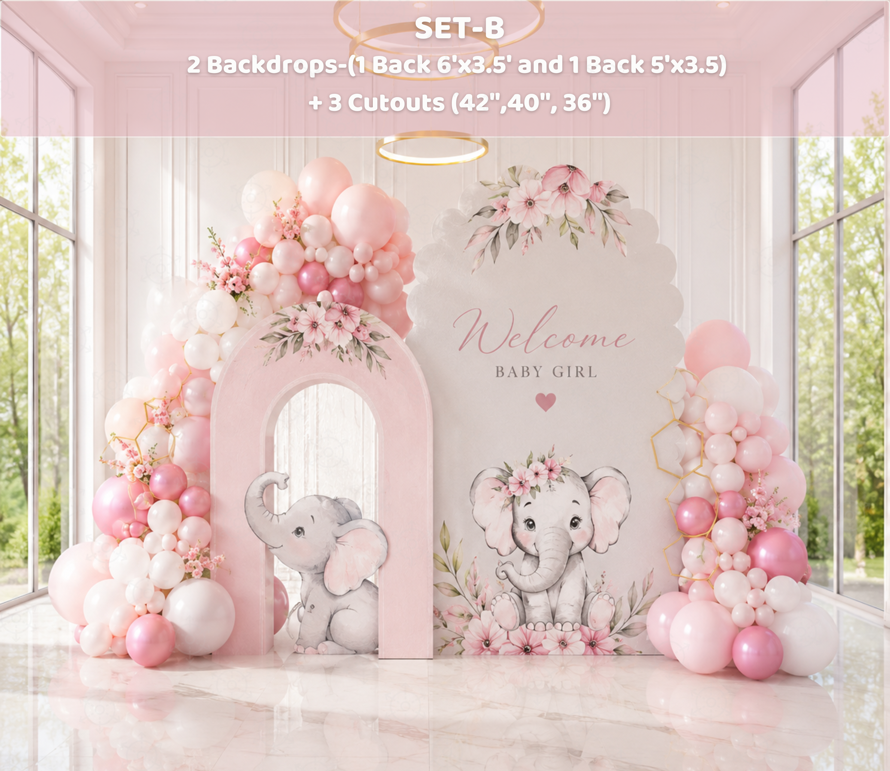 Baby Elephant Baptism Backdrop & Cutouts | Personalized Pink Little Blessing Party Decor
