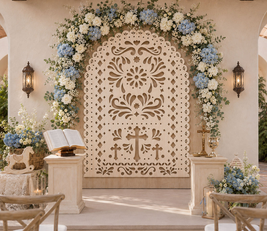 White religious papel picado backdrop with cross design in elegant pastel celebration setting