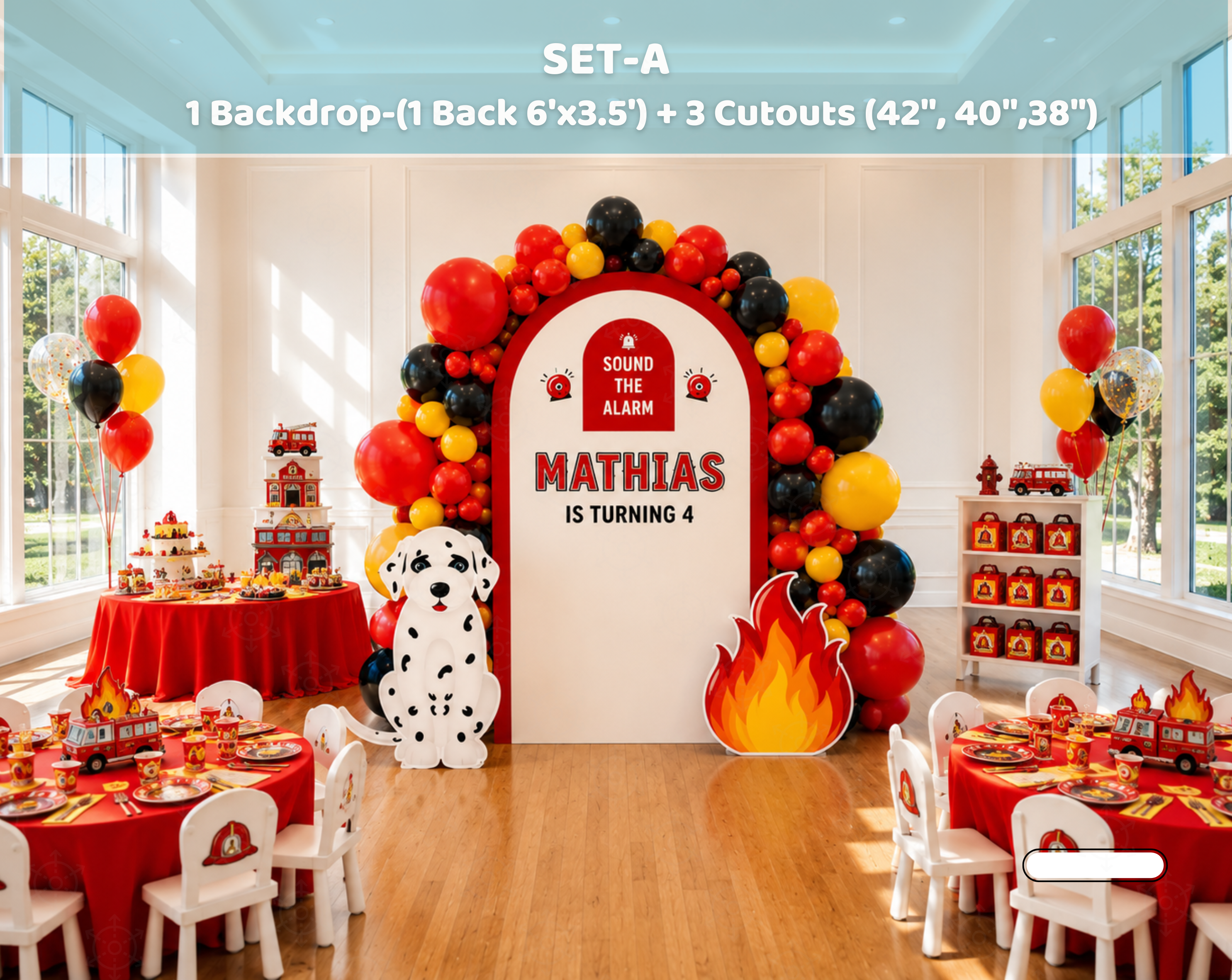 Firefighter Birthday Backdrop & Cutouts | Personalized Fire Truck Party Decorations