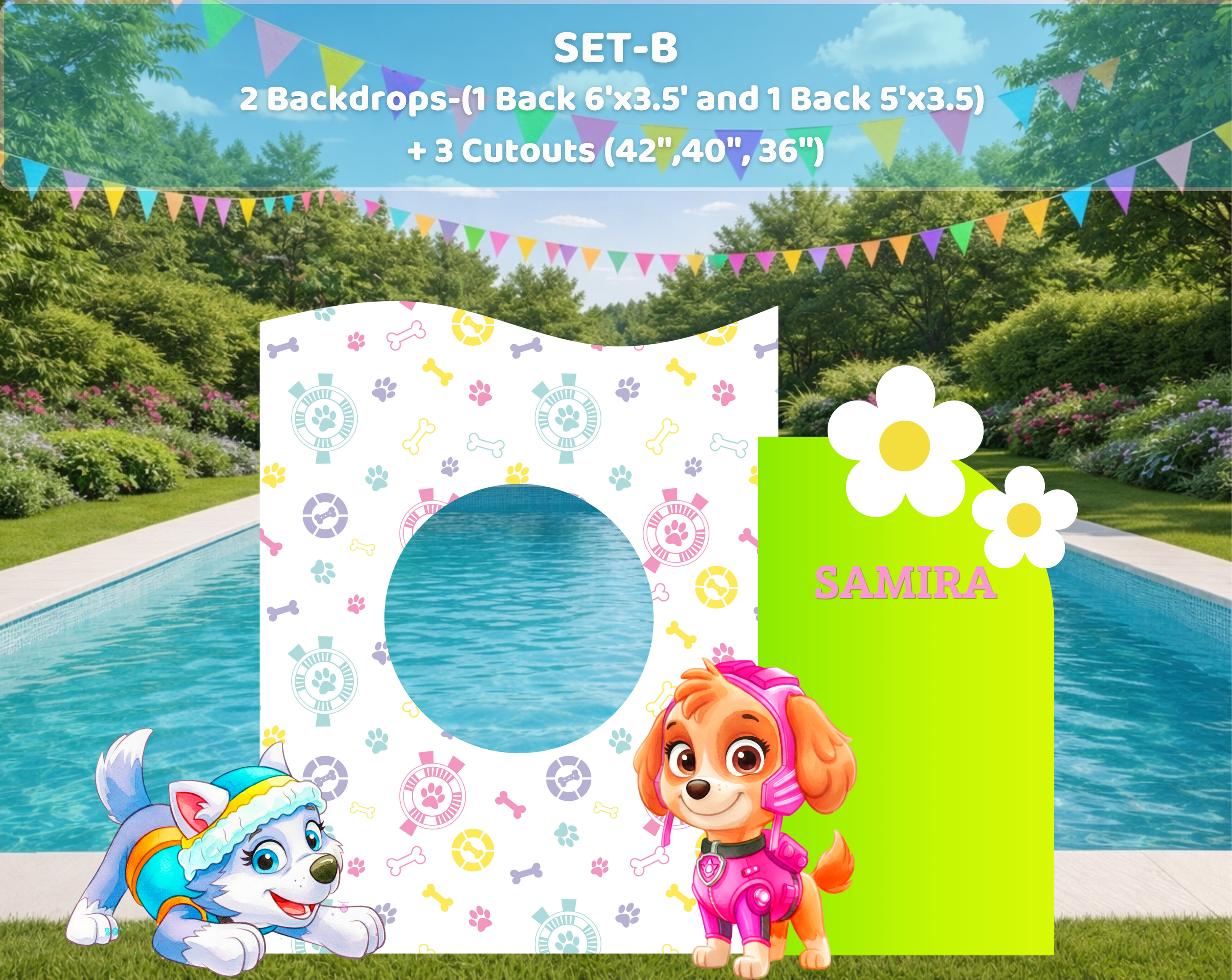 Pool Puppy Party Decoration Custom Backdrop with Shelves and Party Favors Rescue Summer Birthday Theme