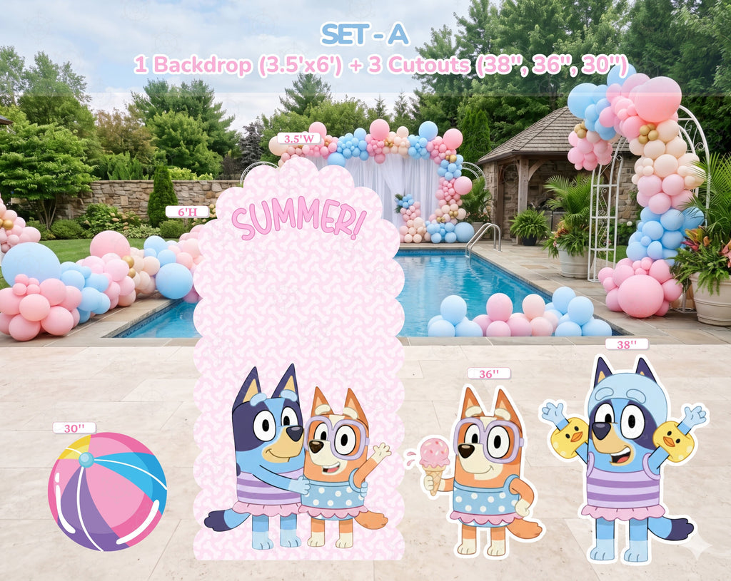 Blue Puppy Pool Party Backdrop & Cutouts | Summer Kids Birthday Decorations