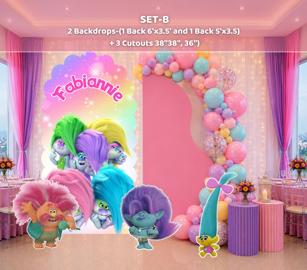 Custom Rainbow Hair Cartoon Birthday Backdrop & Cutouts | Colorful Kids Party Decorations