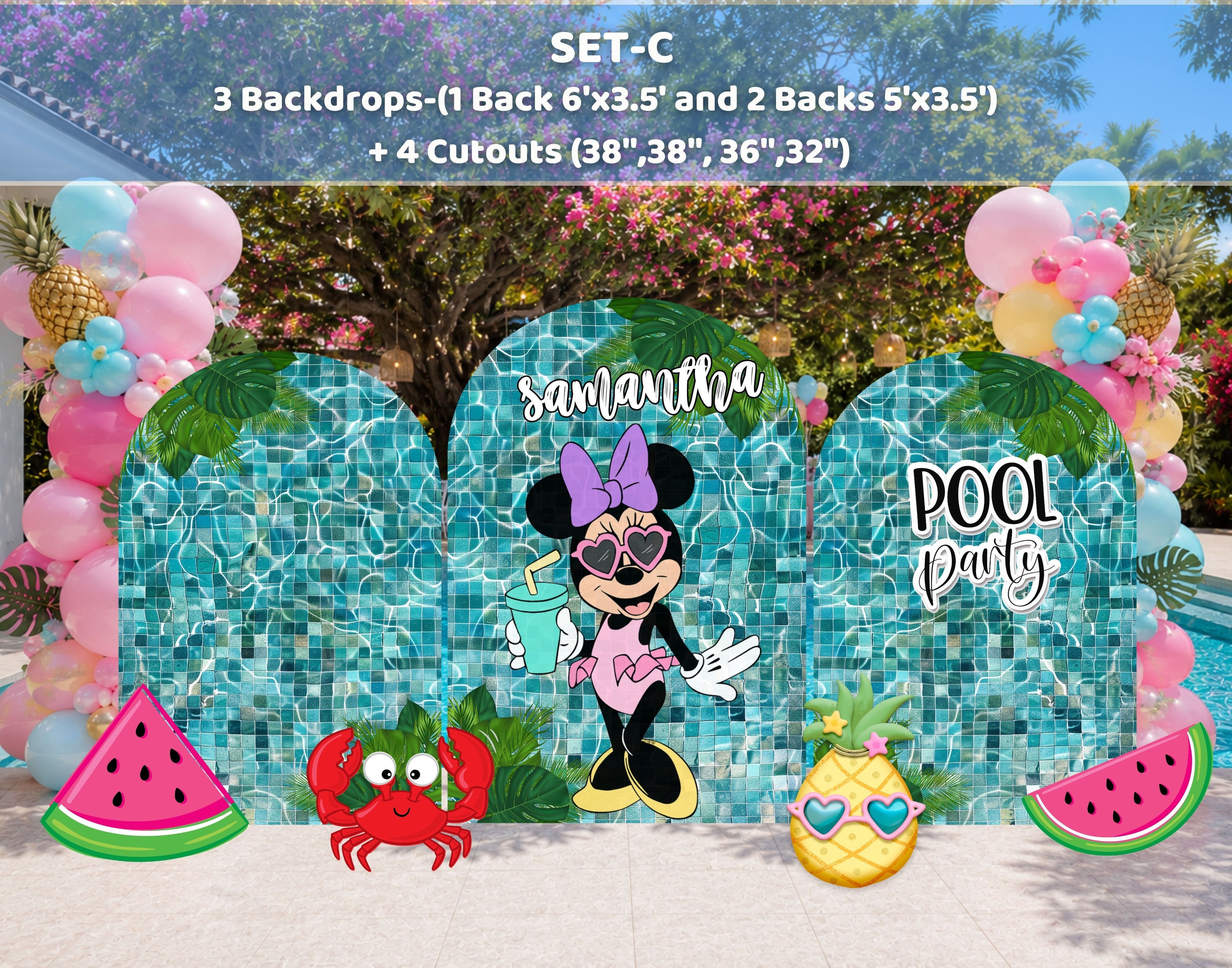 Personalized Minnie Mouse Pool Party Backdrop & Cutouts | Summer Birthday Decorations